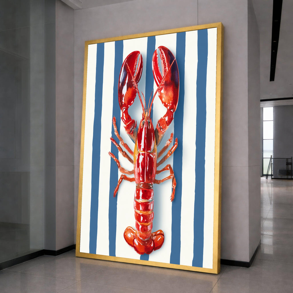 Vibrant Red Lobster Canvas Wall Art, Nautical Coastal Decor, Marine Animal Illustration, Blue and White Striped Background, Kitchen or Beach