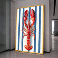 Vibrant Red Lobster Canvas Wall Art, Nautical Coastal Decor, Marine Animal Illustration, Blue and White Striped Background, Kitchen or Beach