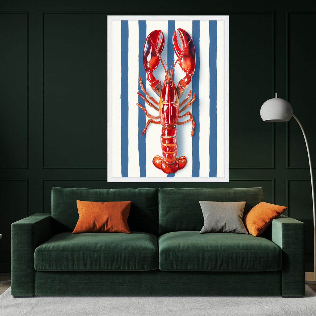 Vibrant Red Lobster Canvas Wall Art, Nautical Coastal Decor, Marine Animal Illustration, Blue and White Striped Background, Kitchen or Beach