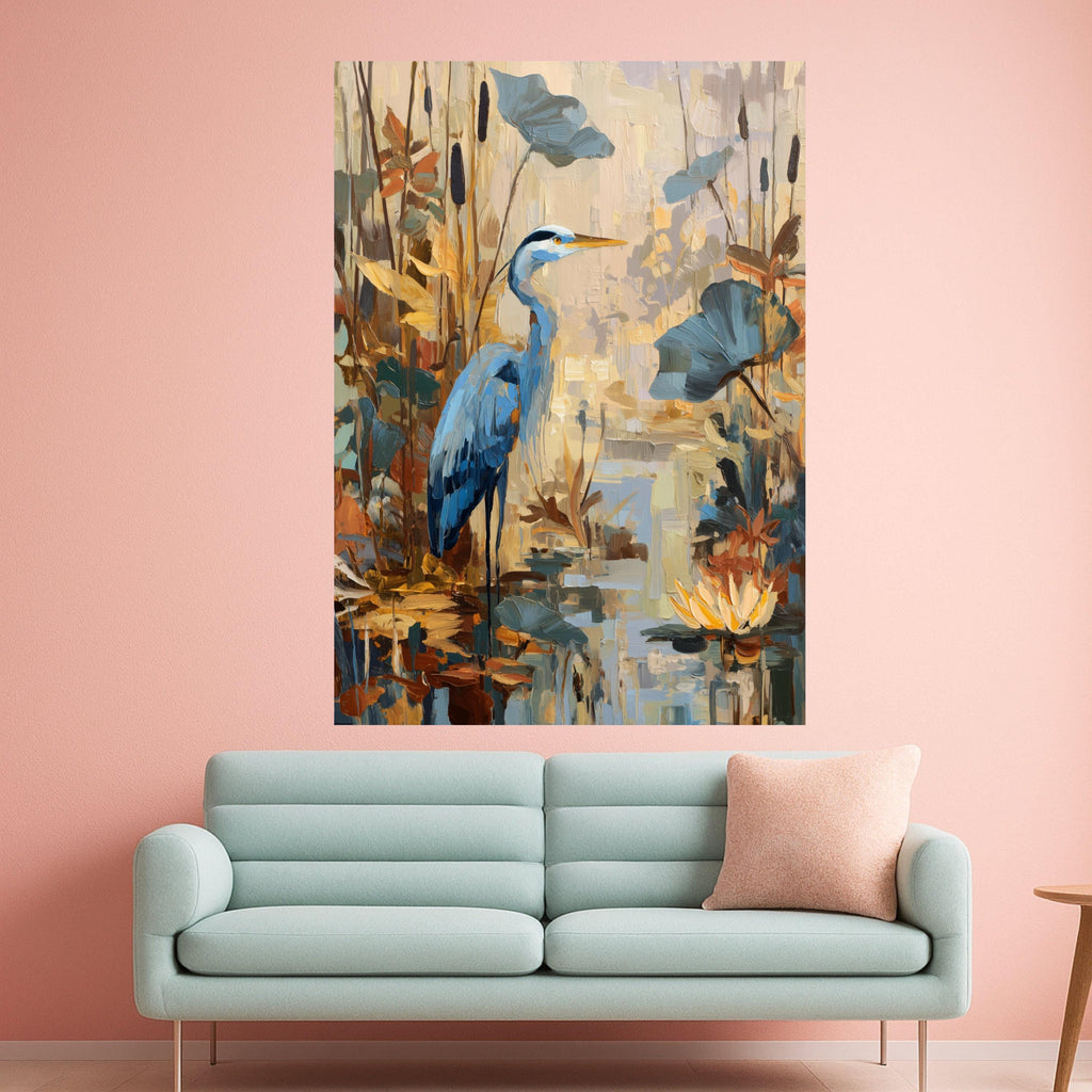 Tranquil Blue Heron Canvas, Pond Wildlife Wall Art, Nature Scene Painting, Water Lilies and Reeds, Rustic Home Decor Canvas