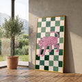 Pink Leopard Art Canvas, Modern Animal Wall Art, Green Checkerboard Background, Contemporary Wildlife Canvas, Bold Home Decor, Ready to Hang