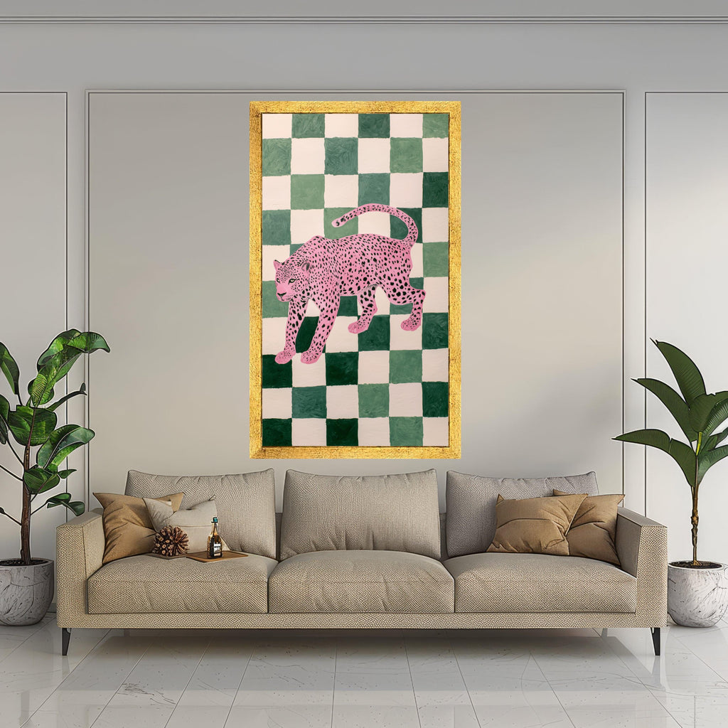 Pink Leopard Art Canvas, Modern Animal Wall Art, Green Checkerboard Background, Contemporary Wildlife Canvas, Bold Home Decor, Ready to Hang