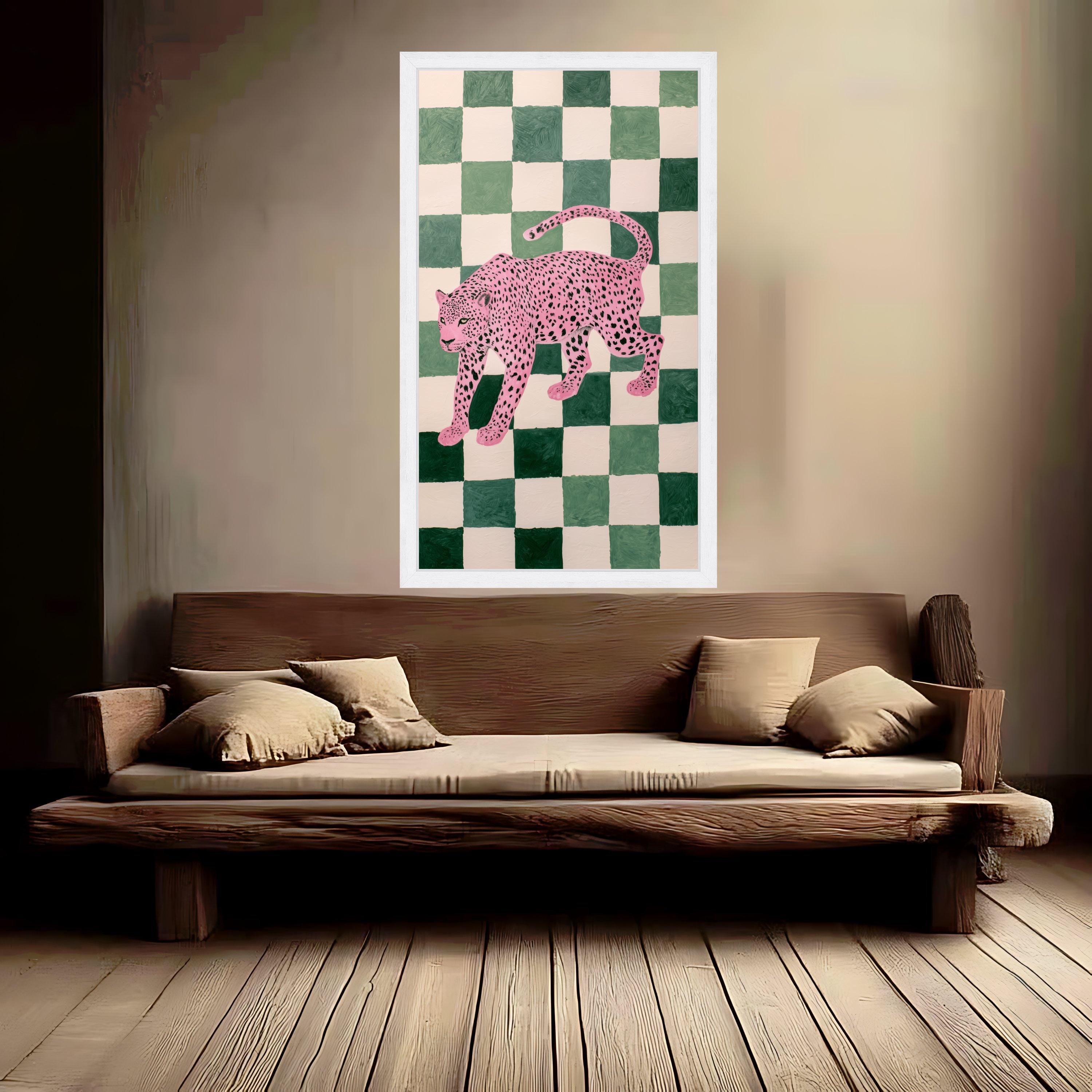 Pink Leopard Art Canvas, Modern Animal Wall Art, Green Checkerboard Background, Contemporary Wildlife Canvas, Bold Home Decor, Ready to Hang