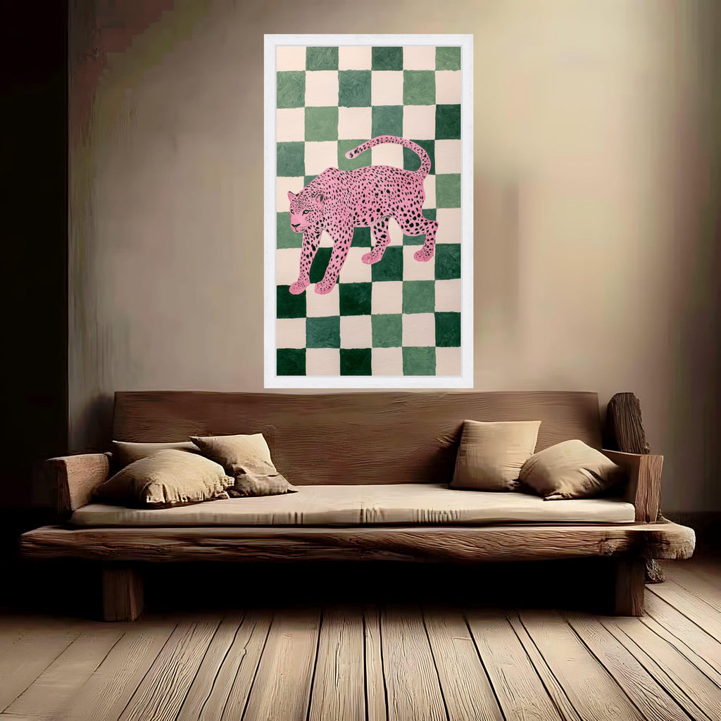 Pink Leopard Art Canvas, Modern Animal Wall Art, Green Checkerboard Background, Contemporary Wildlife Canvas, Bold Home Decor, Ready to Hang