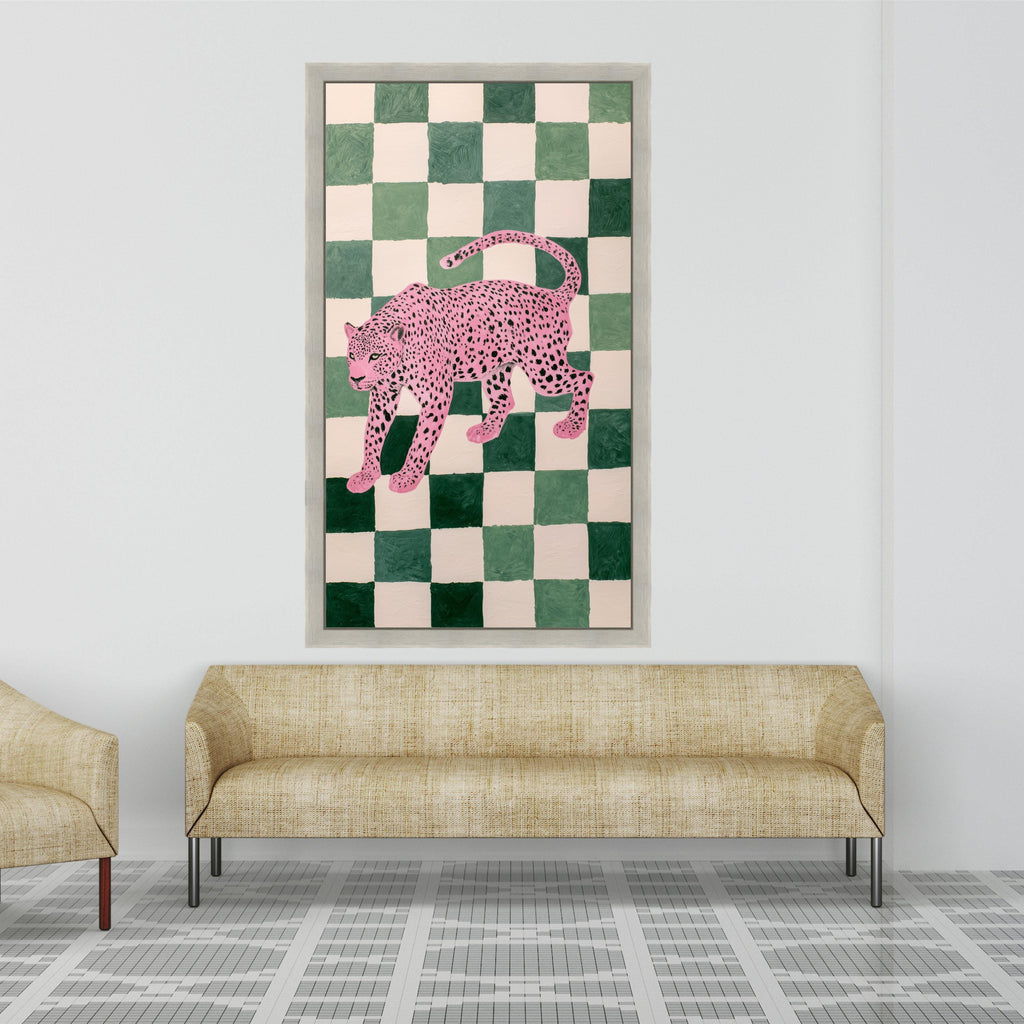 Pink Leopard Art Canvas, Modern Animal Wall Art, Green Checkerboard Background, Contemporary Wildlife Canvas, Bold Home Decor, Ready to Hang