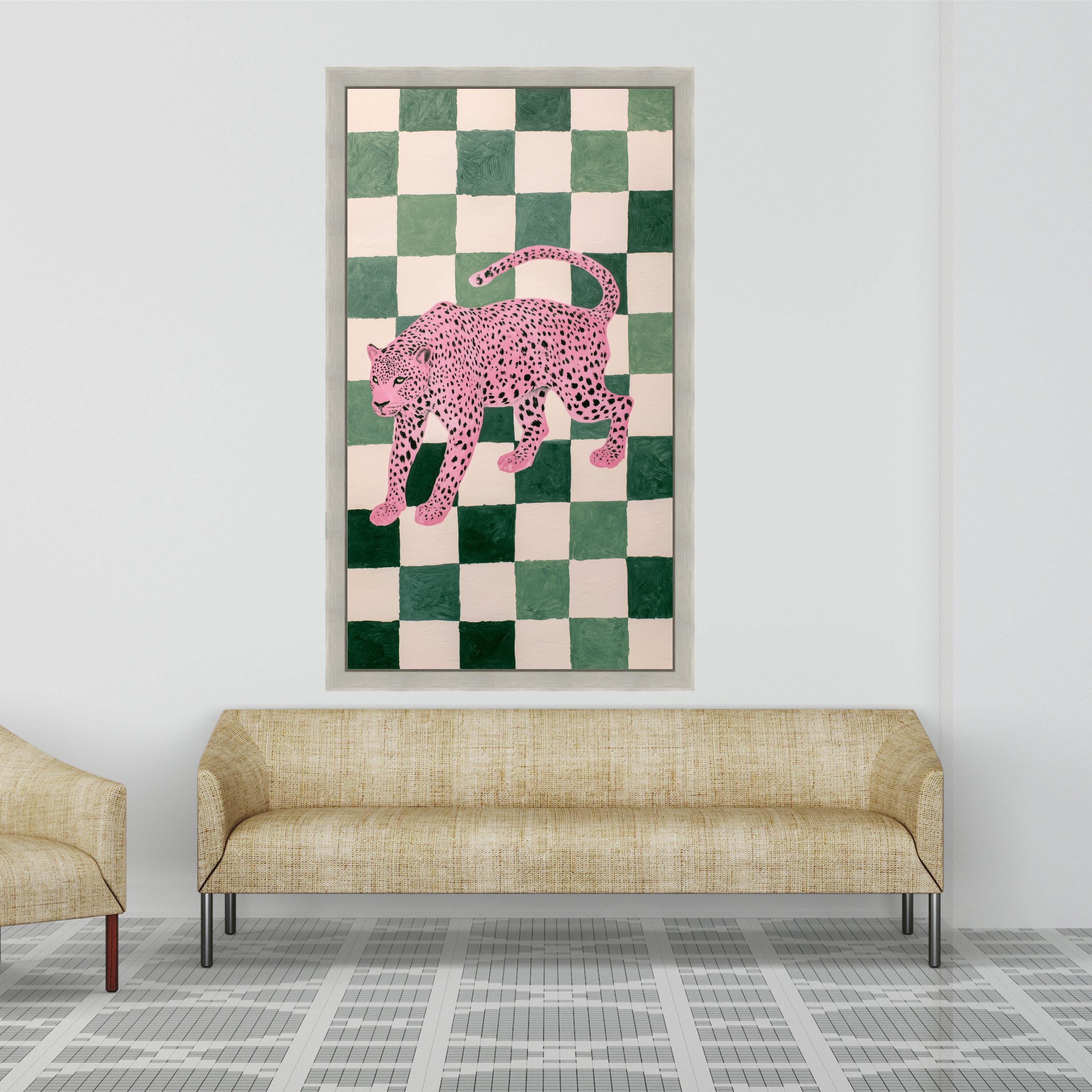 Pink Leopard Art Canvas, Modern Animal Wall Art, Green Checkerboard Background, Contemporary Wildlife Canvas, Bold Home Decor, Ready to Hang
