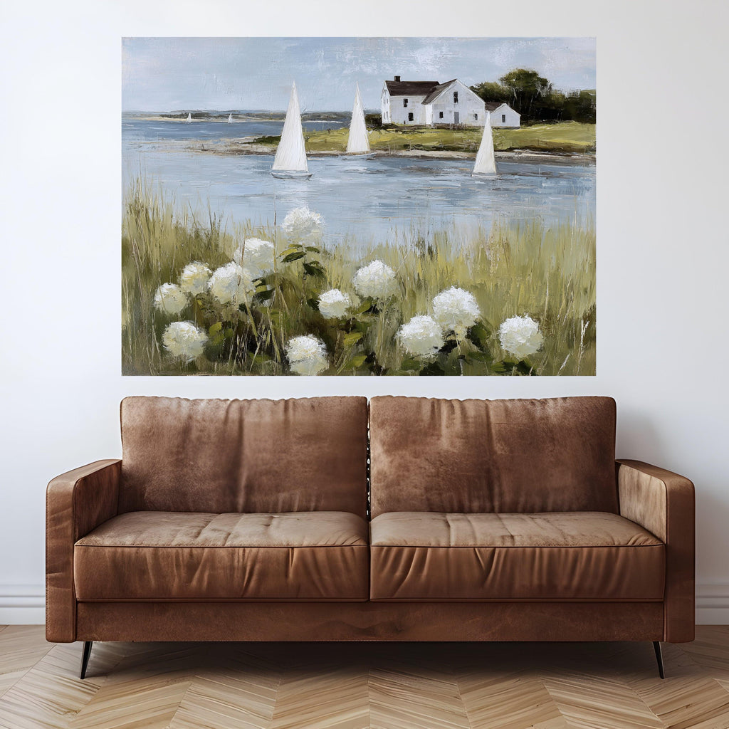 Coastal Sailboats and White Hydrangeas Canvas, Seaside Landscape Wall Art, Rustic House by Water Canvas, Nautical Home Decor, Ready to Hang