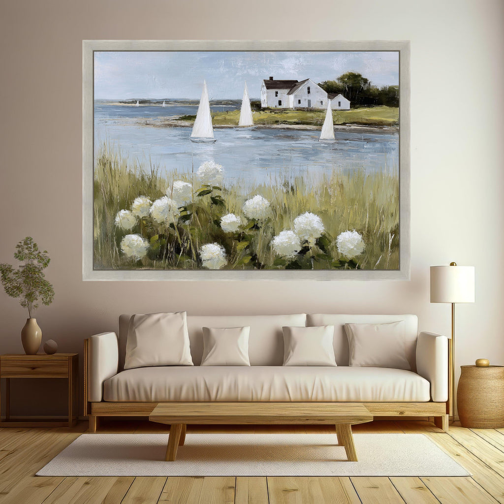Coastal Sailboats and White Hydrangeas Canvas, Seaside Landscape Wall Art, Rustic House by Water Canvas, Nautical Home Decor, Ready to Hang