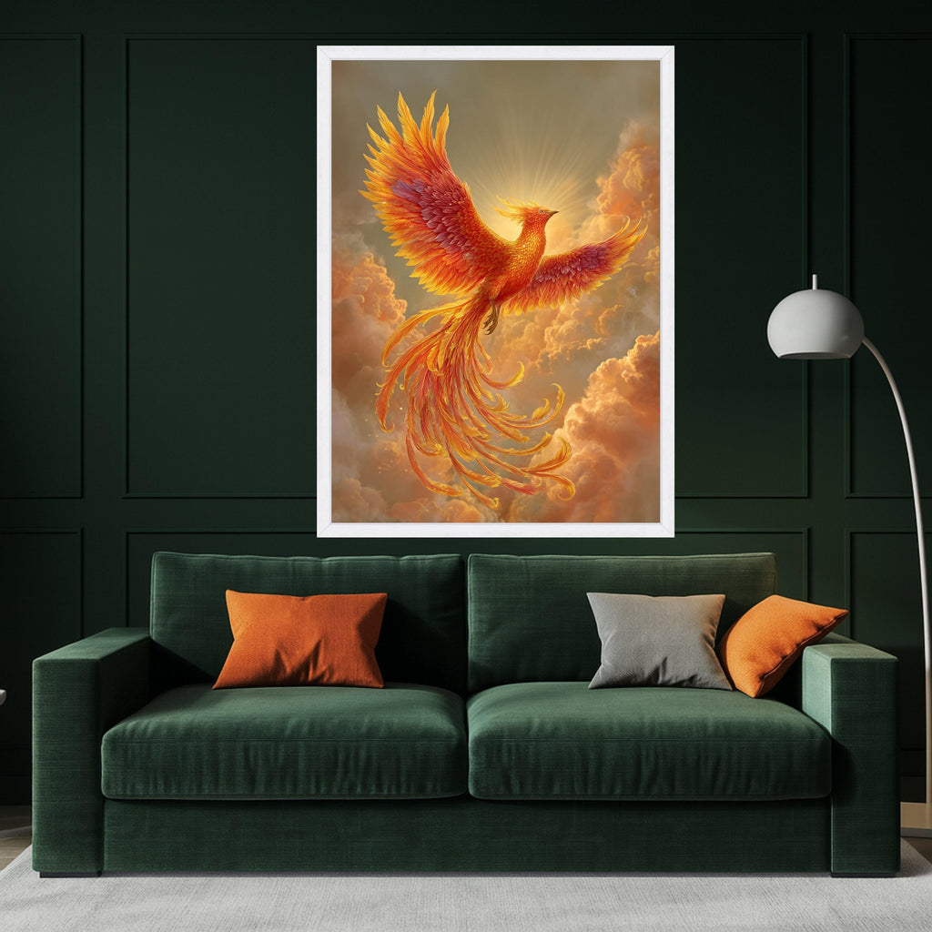 Majestic Phoenix Rising Canvas Wall Art, Fiery Bird in Flight, Mythical Creature Painting, Orange Sunset Clouds, Inspirational Home Décor