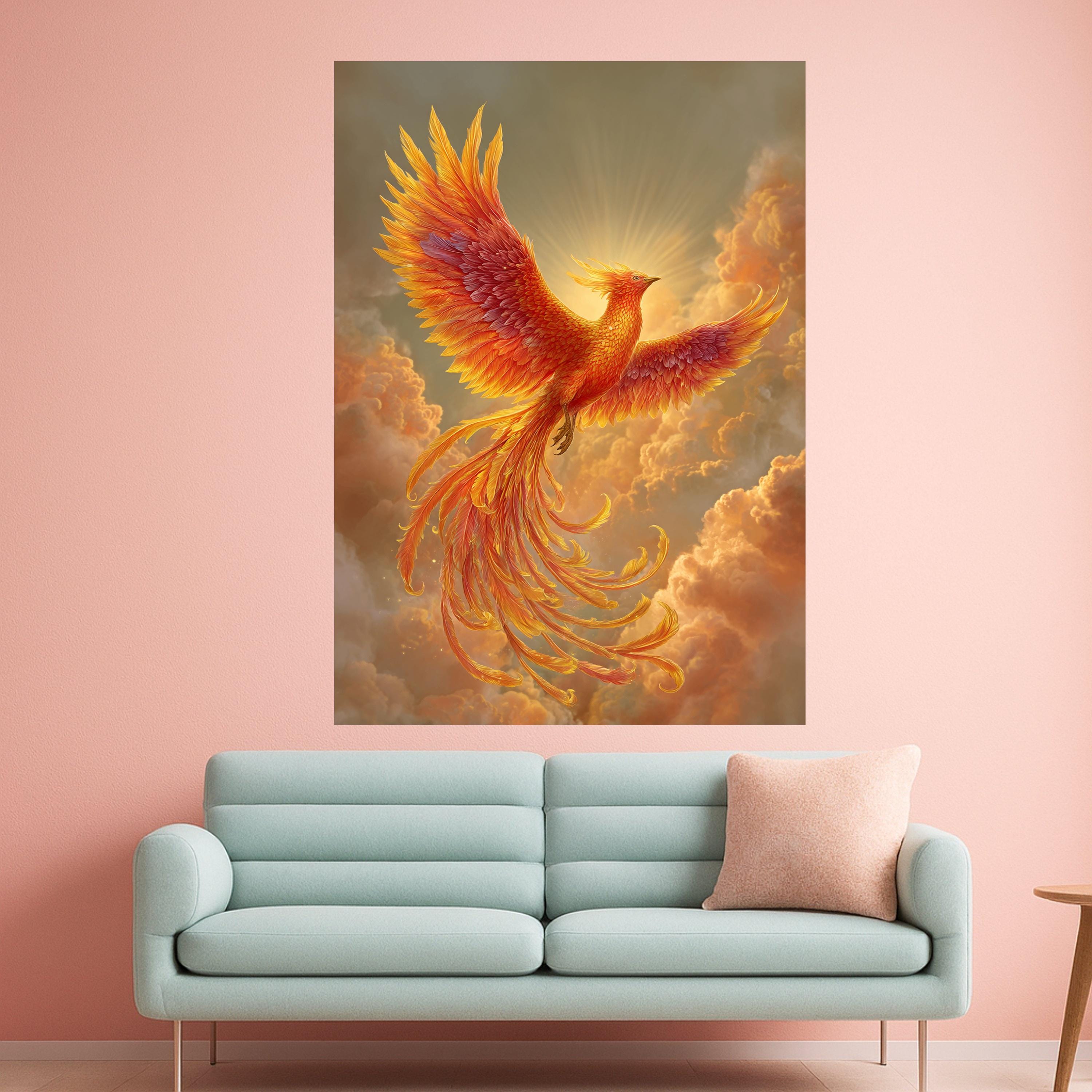 Majestic Phoenix Rising Canvas Wall Art, Fiery Bird in Flight, Mythical Creature Painting, Orange Sunset Clouds, Inspirational Home Décor