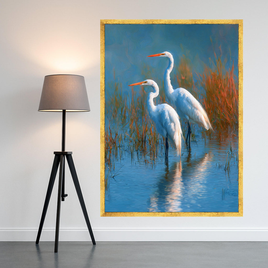 Elegant Great Egrets in Wetland Canvas, Nature Bird Wall Art, Wildlife Water Scene Decoration, Tranquil Marsh Landscape Artwork