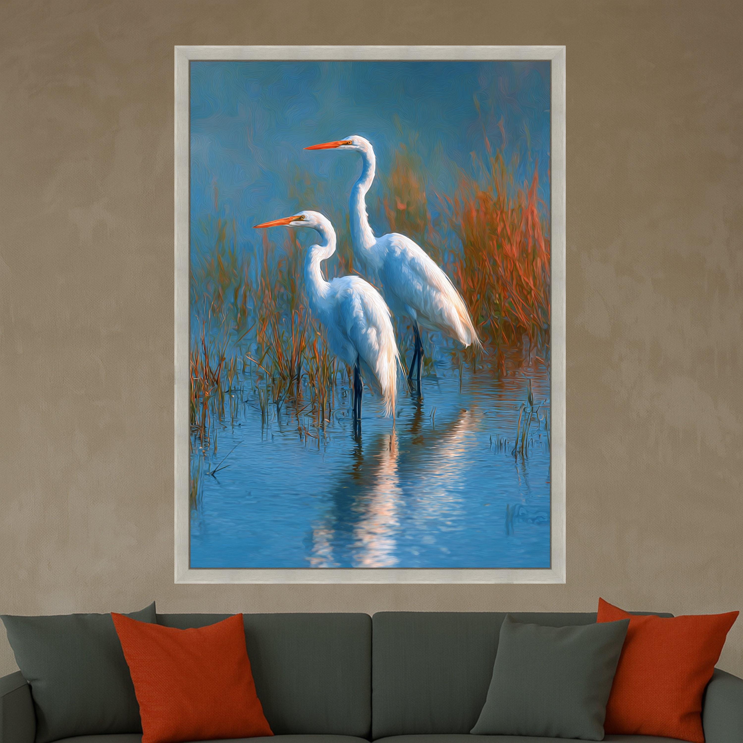 Elegant Great Egrets in Wetland Canvas, Nature Bird Wall Art, Wildlife Water Scene Decoration, Tranquil Marsh Landscape Artwork