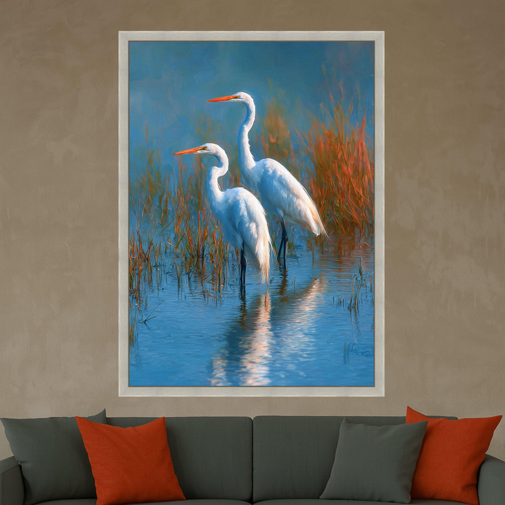 Elegant Great Egrets in Wetland Canvas, Nature Bird Wall Art, Wildlife Water Scene Decoration, Tranquil Marsh Landscape Artwork