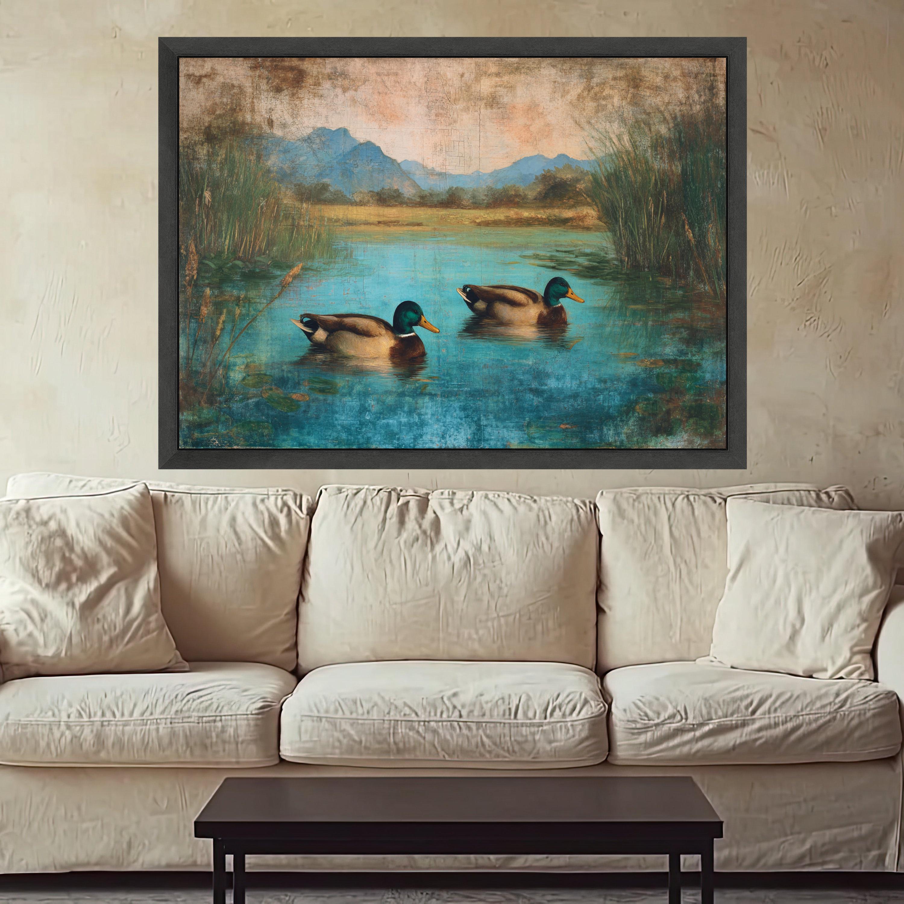 Tranquil Ducks on Blue Pond Canvas, Nature Wildlife Wall Art, Rustic Lake Landscape Painting, Home Decor Canvas Print