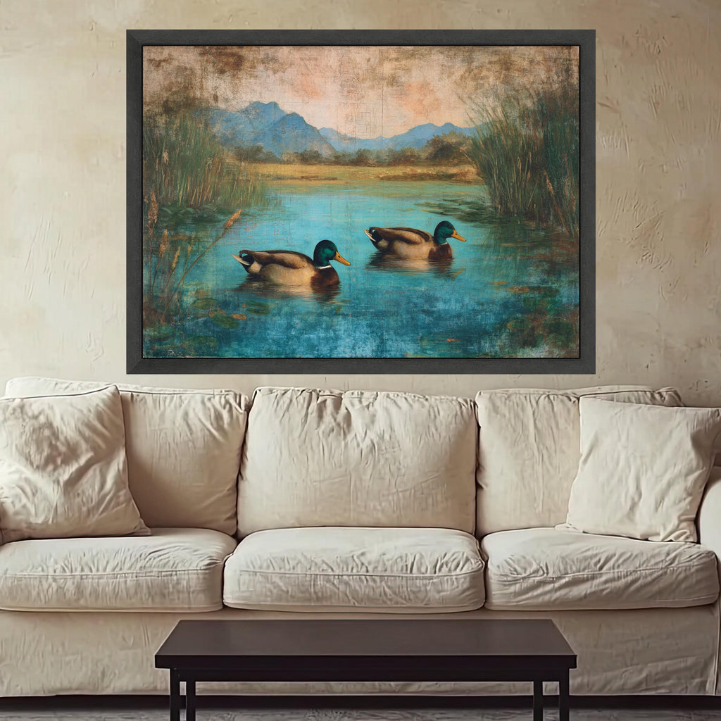 Tranquil Ducks on Blue Pond Canvas, Nature Wildlife Wall Art, Rustic Lake Landscape Painting, Home Decor Canvas Print
