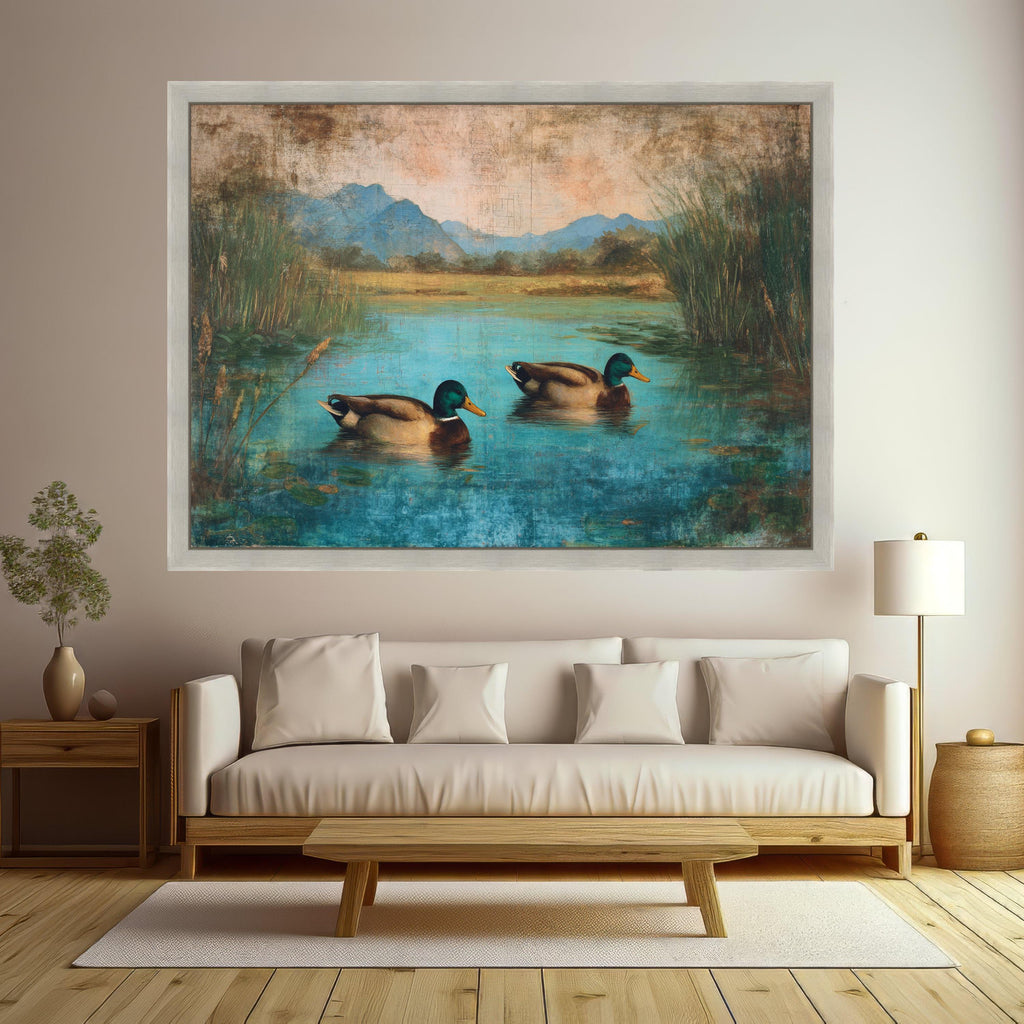 Tranquil Ducks on Blue Pond Canvas, Nature Wildlife Wall Art, Rustic Lake Landscape Painting, Home Decor Canvas Print