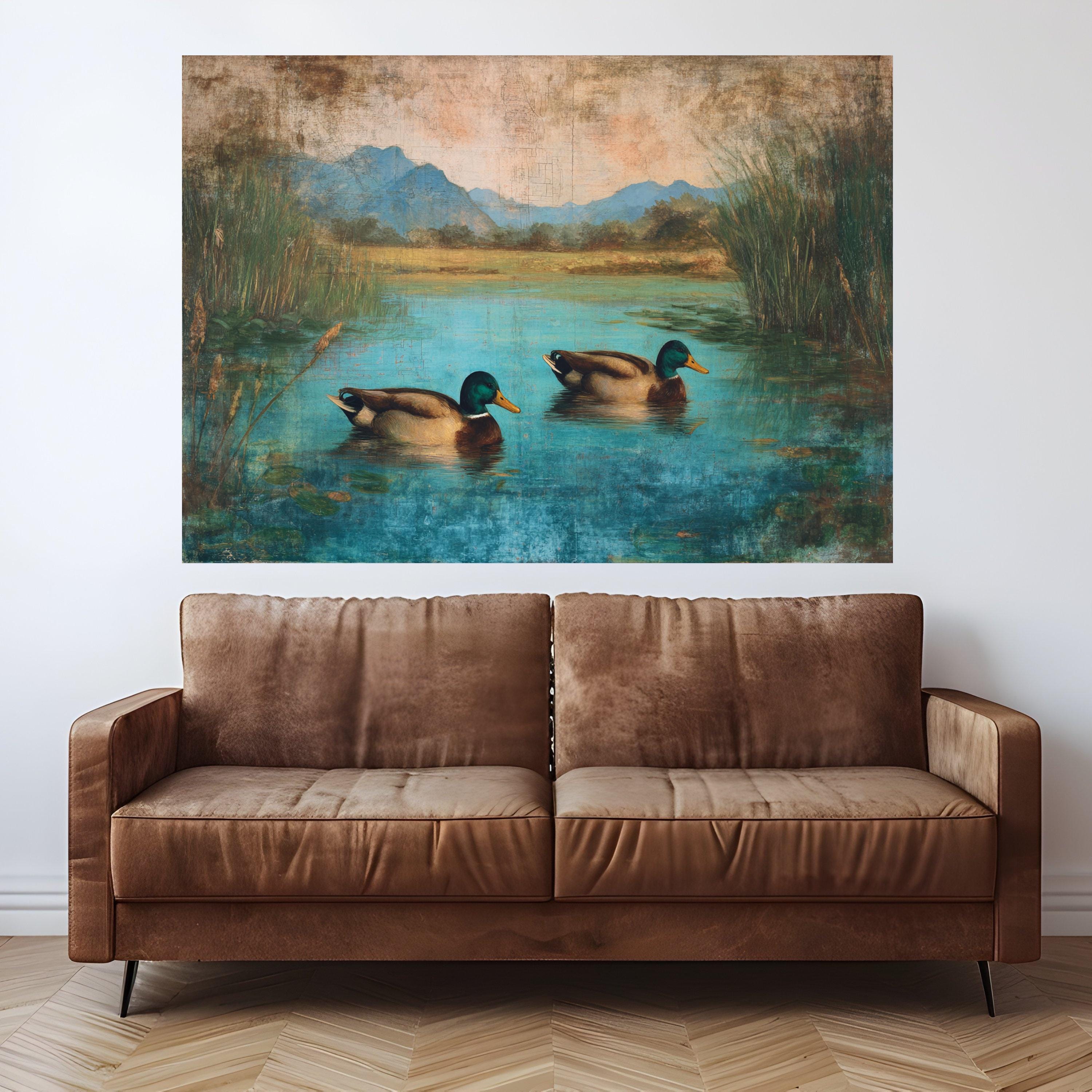 Tranquil Ducks on Blue Pond Canvas, Nature Wildlife Wall Art, Rustic Lake Landscape Painting, Home Decor Canvas Print
