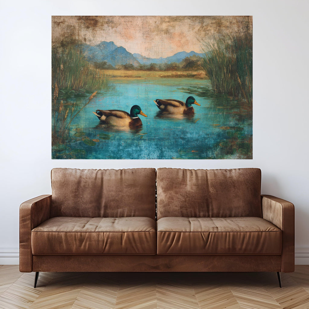 Tranquil Ducks on Blue Pond Canvas, Nature Wildlife Wall Art, Rustic Lake Landscape Painting, Home Decor Canvas Print