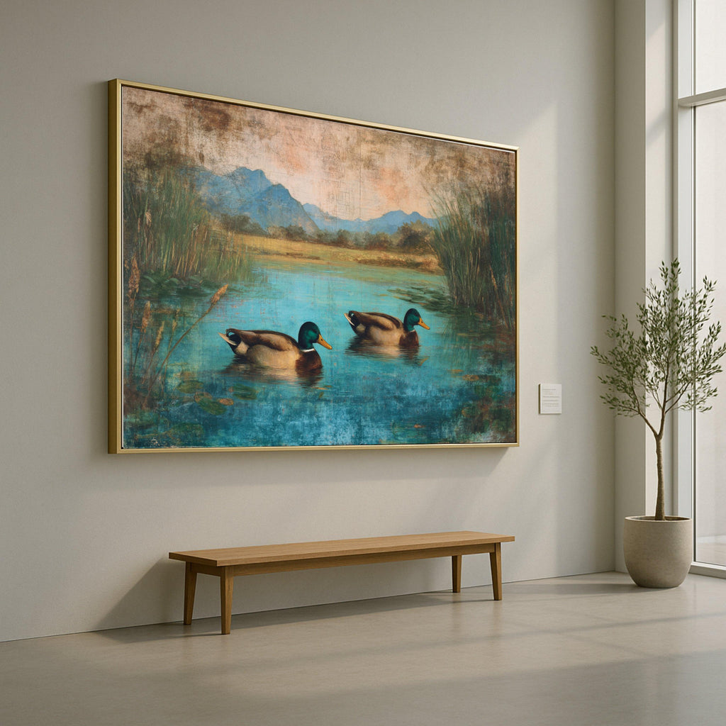 Tranquil Ducks on Blue Pond Canvas, Nature Wildlife Wall Art, Rustic Lake Landscape Painting, Home Decor Canvas Print