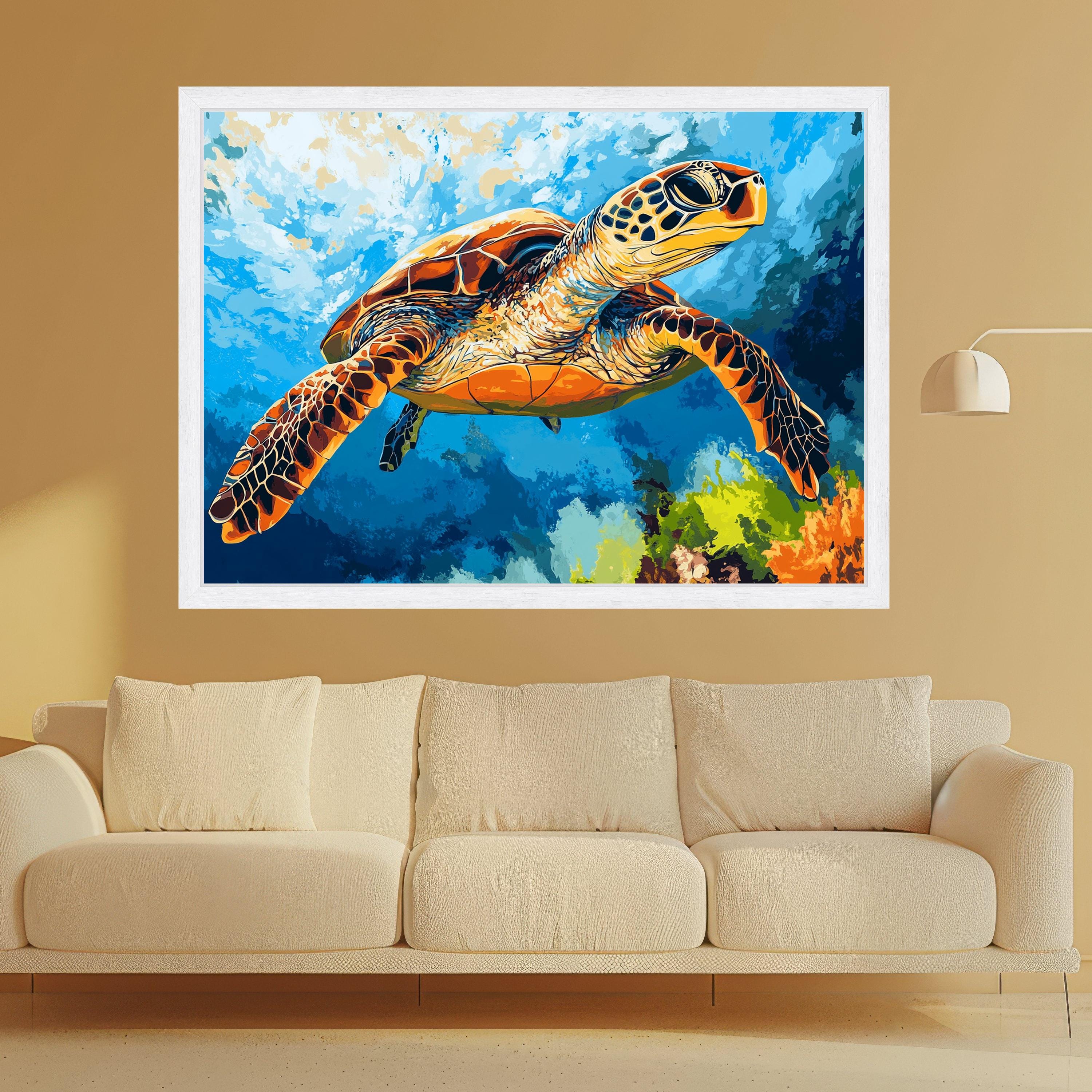 Vibrant Sea Turtle Canvas, Ocean Underwater Art, Marine Life Wall Decor, Tropical Reef Canvas, Colorful Sea Turtle Painting