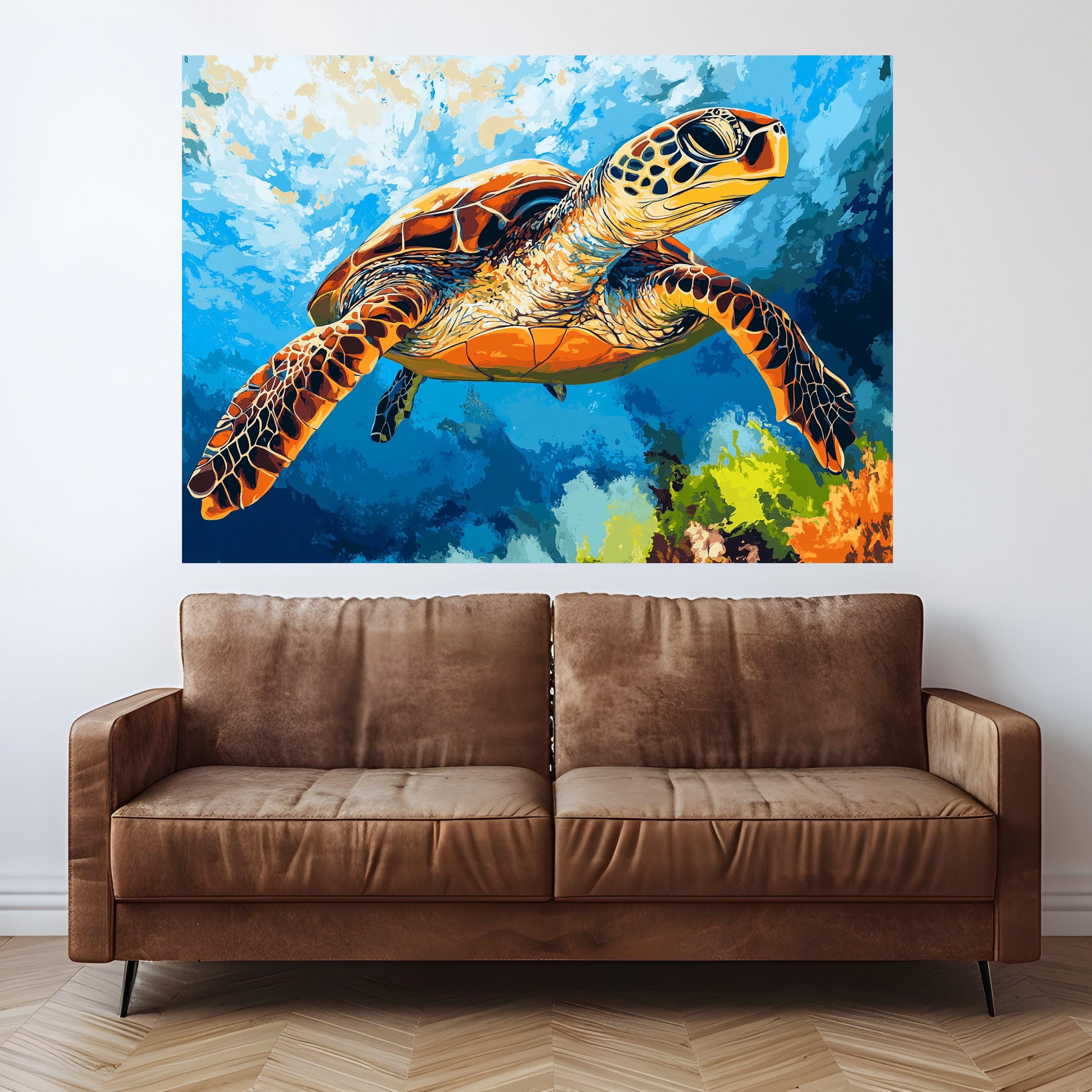 Vibrant Sea Turtle Canvas, Ocean Underwater Art, Marine Life Wall Decor, Tropical Reef Canvas, Colorful Sea Turtle Painting