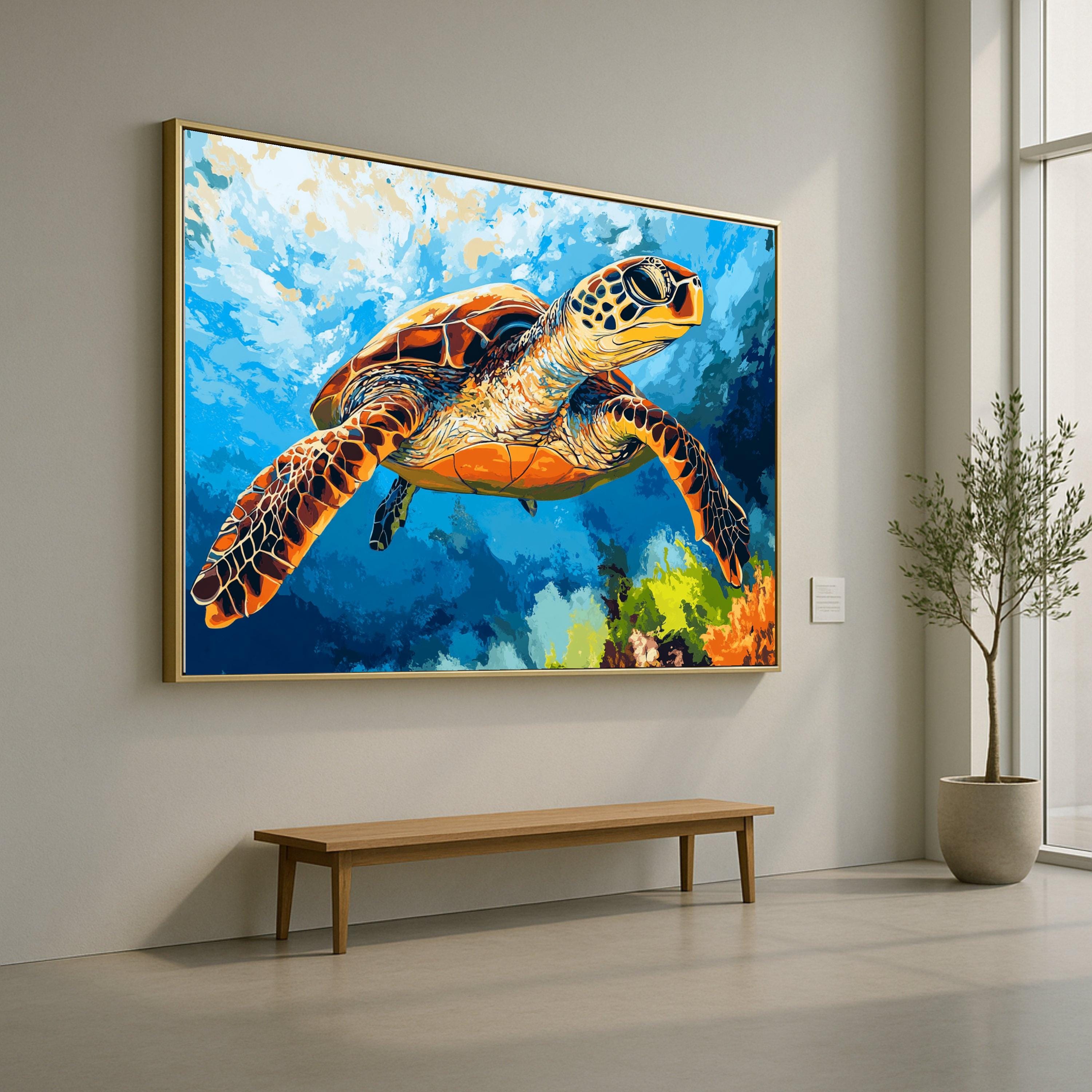 Vibrant Sea Turtle Canvas, Ocean Underwater Art, Marine Life Wall Decor, Tropical Reef Canvas, Colorful Sea Turtle Painting