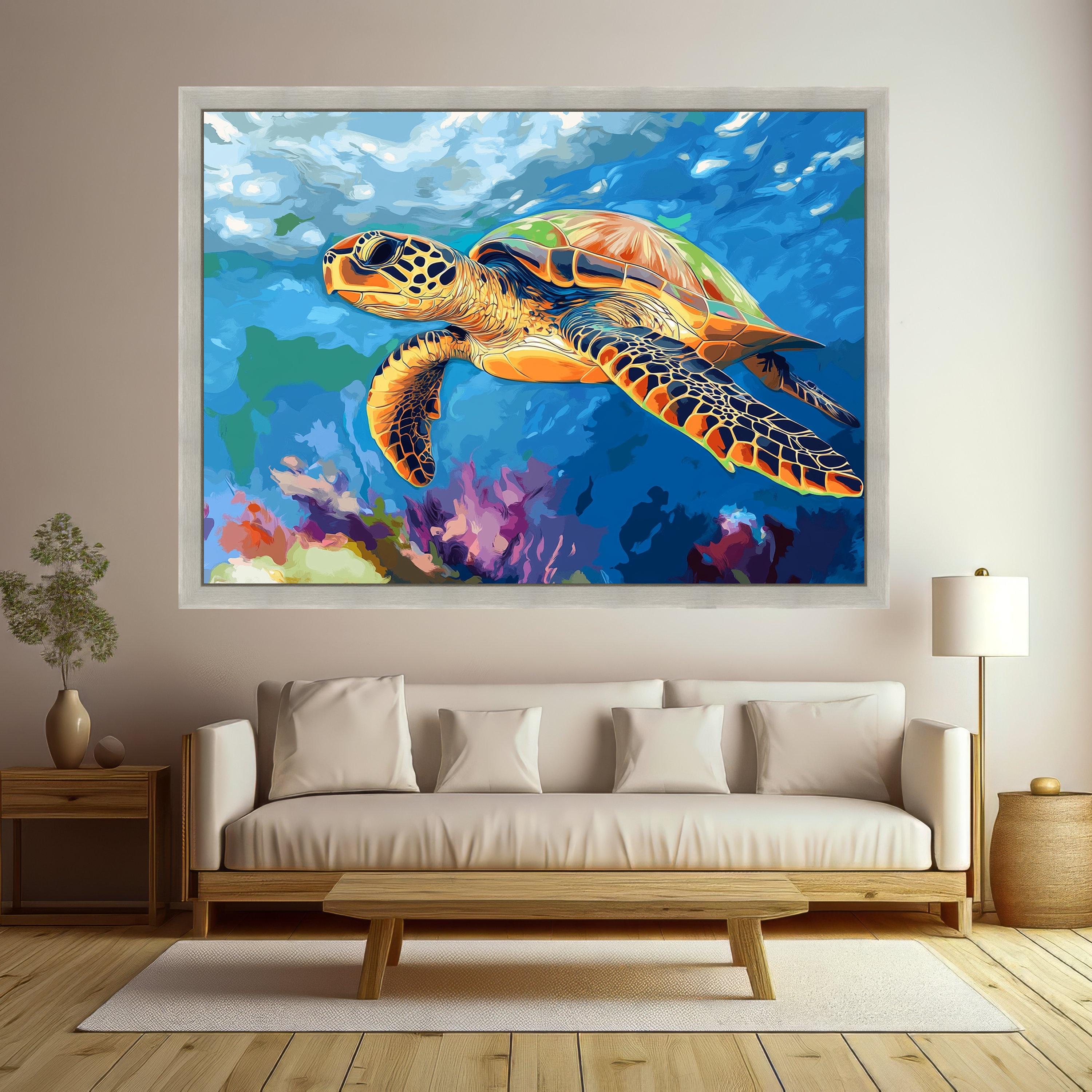 Colorful Sea Turtle Canvas Wall Art, Ocean Life Painting, Tropical Marine Wildlife Art, Underwater Nature Decor, Vibrant Aquatic Canvas