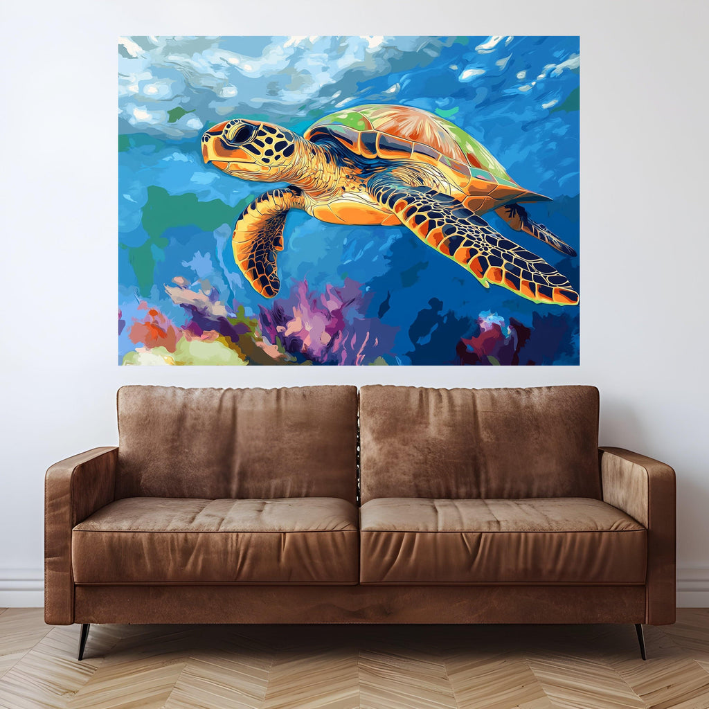 Colorful Sea Turtle Canvas Wall Art, Ocean Life Painting, Tropical Marine Wildlife Art, Underwater Nature Decor, Vibrant Aquatic Canvas