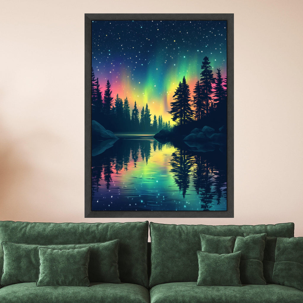 Northern Lights Reflection Canvas, Aurora Borealis Wall Art, Starry Night Sky, Pine Tree Silhouette, Nature Landscape Canvas, Tranquil Lake