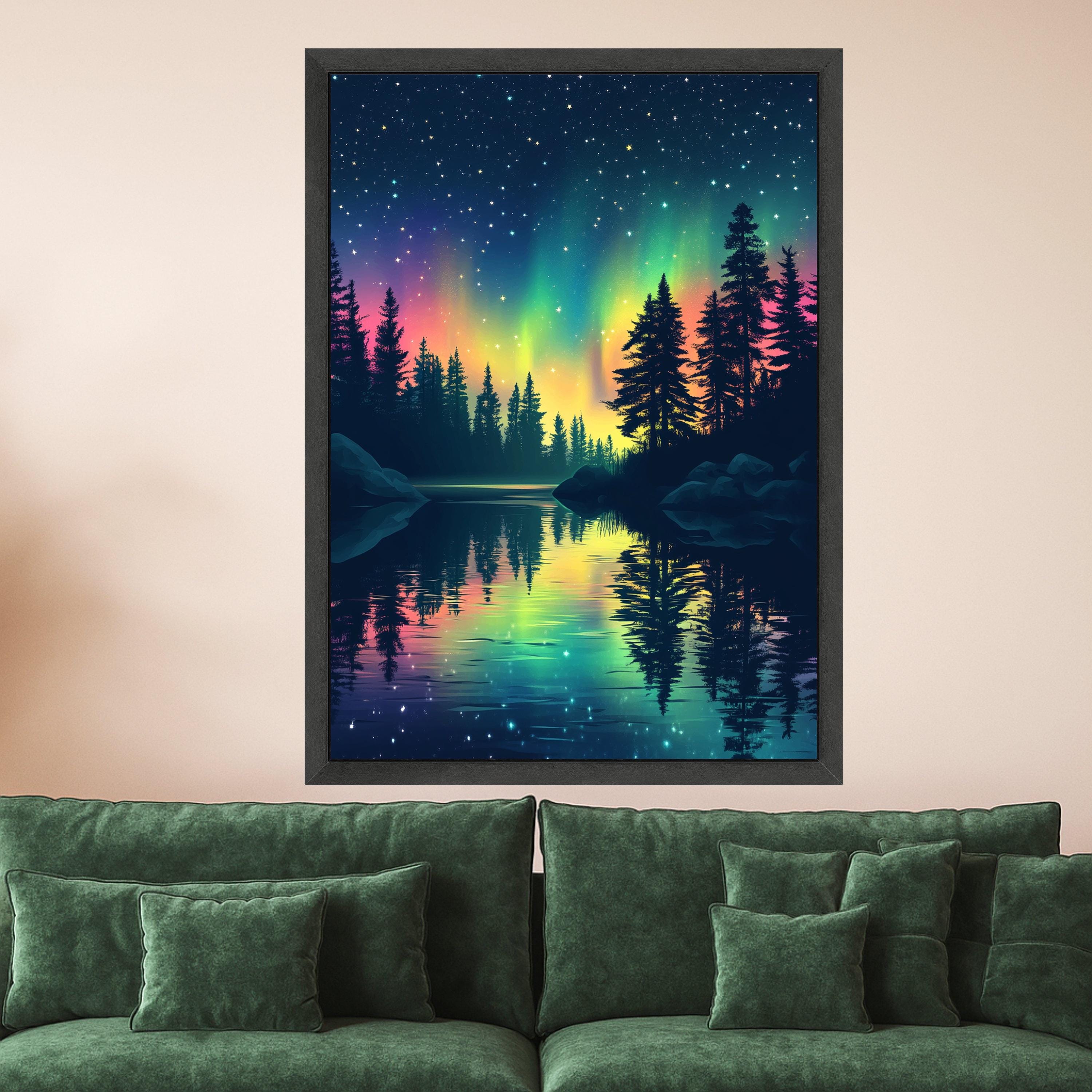 Northern Lights Reflection Canvas, Aurora Borealis Wall Art, Starry Night Sky, Pine Tree Silhouette, Nature Landscape Canvas, Tranquil Lake
