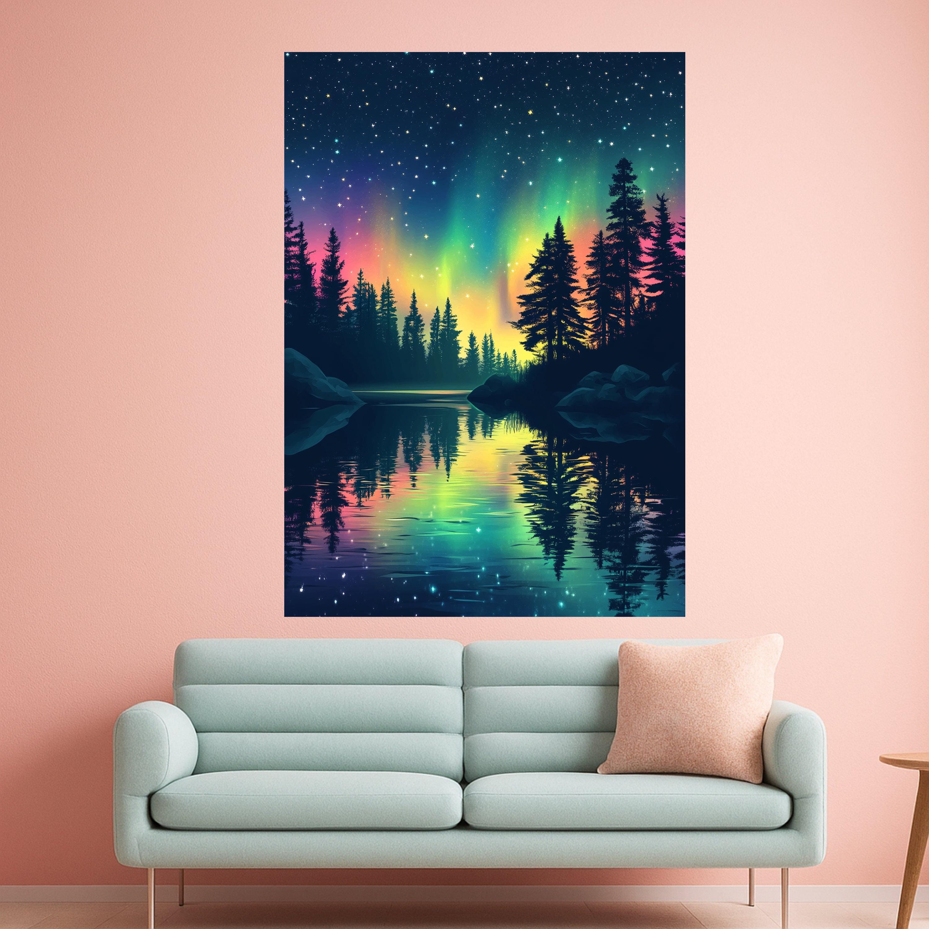 Northern Lights Reflection Canvas, Aurora Borealis Wall Art, Starry Night Sky, Pine Tree Silhouette, Nature Landscape Canvas, Tranquil Lake