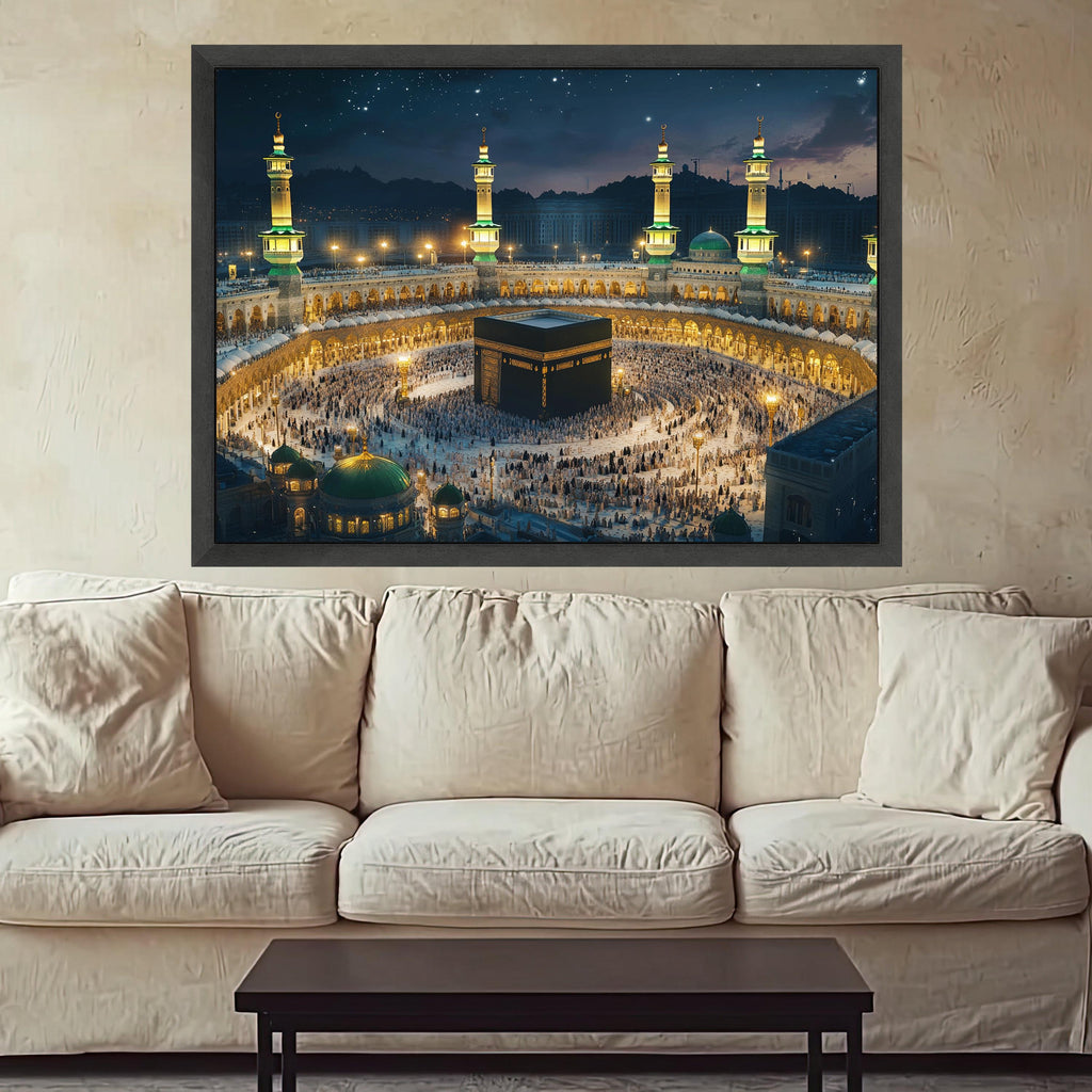 Illuminated Kaaba Night Scene, Mecca Mosque Canvas Wall Art, Islamic Sacred Site, Pilgrimage Spiritual Canvas, Religious Home Decoration