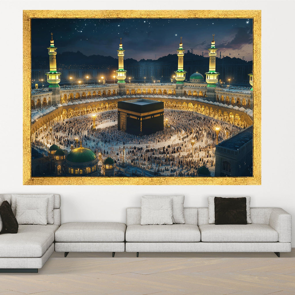 Illuminated Kaaba Night Scene, Mecca Mosque Canvas Wall Art, Islamic Sacred Site, Pilgrimage Spiritual Canvas, Religious Home Decoration