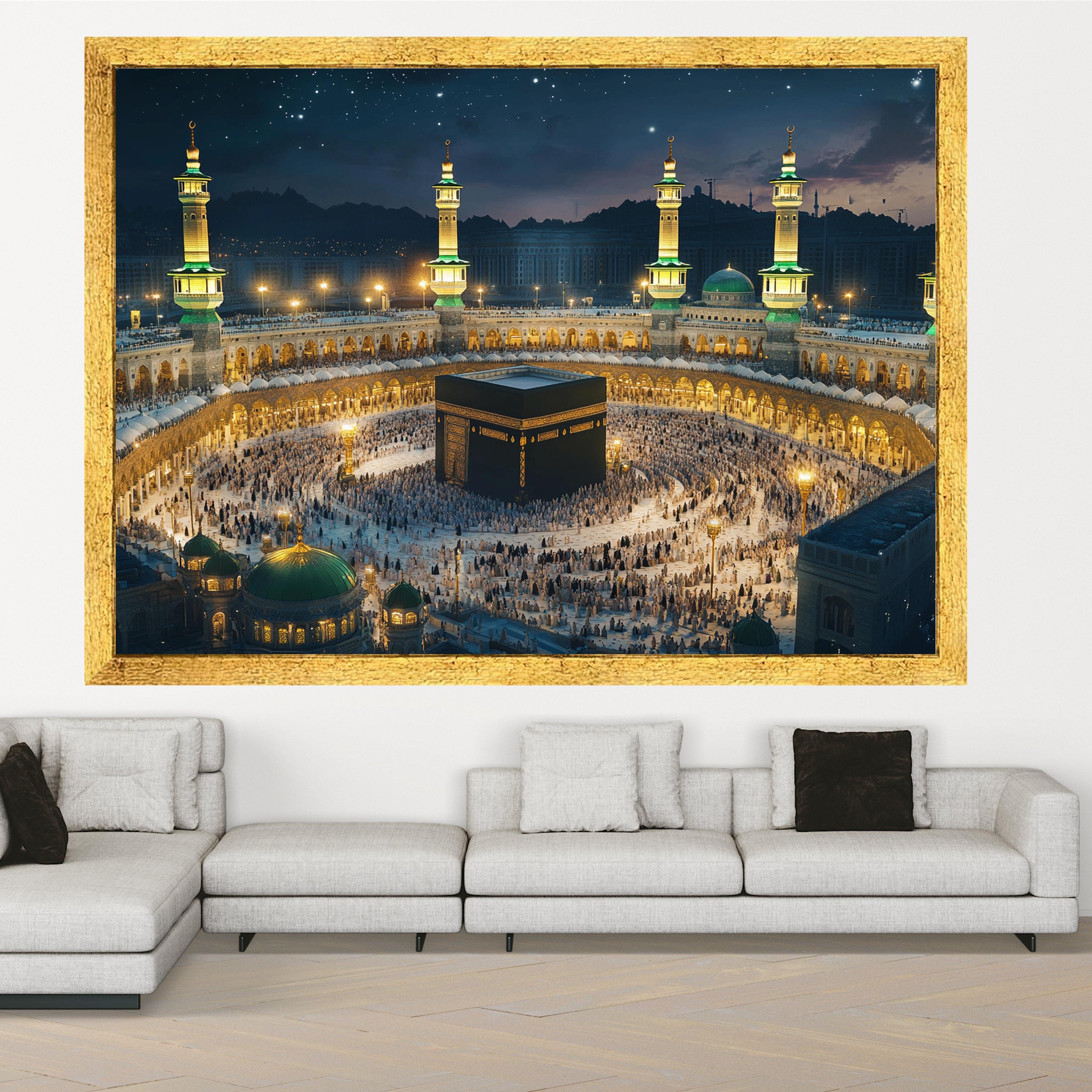 Illuminated Kaaba Night Scene, Mecca Mosque Canvas Wall Art, Islamic Sacred Site, Pilgrimage Spiritual Canvas, Religious Home Decoration