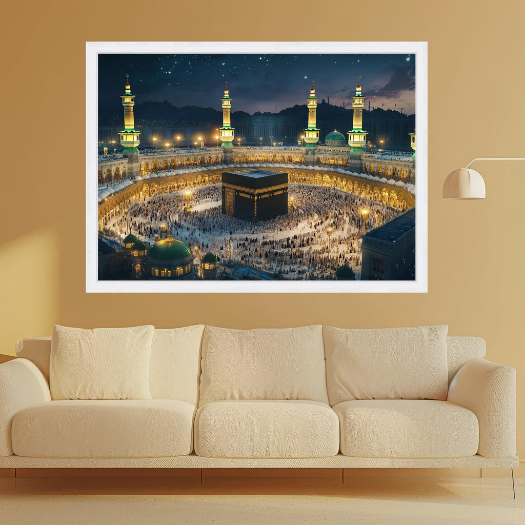 Illuminated Kaaba Night Scene, Mecca Mosque Canvas Wall Art, Islamic Sacred Site, Pilgrimage Spiritual Canvas, Religious Home Decoration