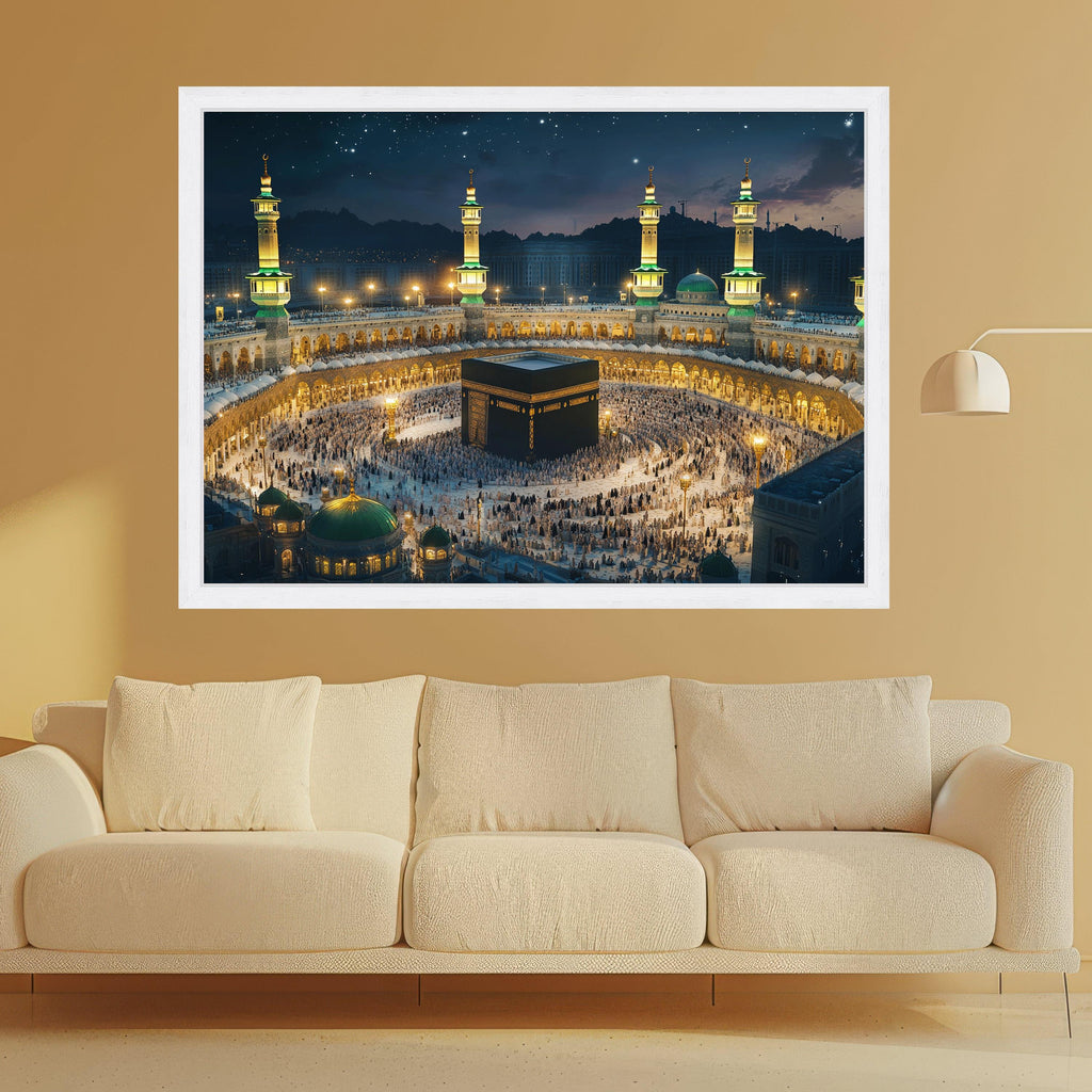 Illuminated Kaaba Night Scene, Mecca Mosque Canvas Wall Art, Islamic Sacred Site, Pilgrimage Spiritual Canvas, Religious Home Decoration