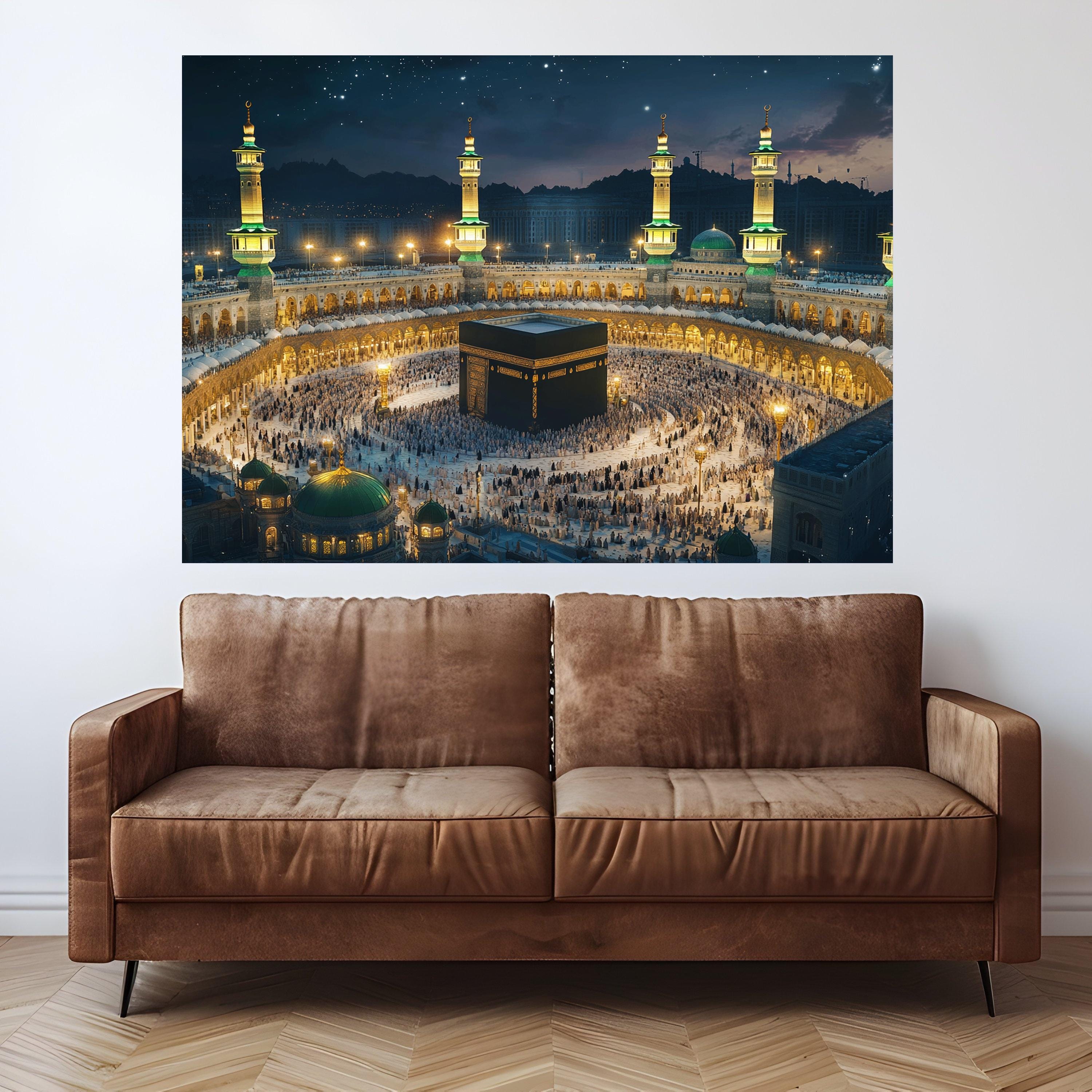 Illuminated Kaaba Night Scene, Mecca Mosque Canvas Wall Art, Islamic Sacred Site, Pilgrimage Spiritual Canvas, Religious Home Decoration