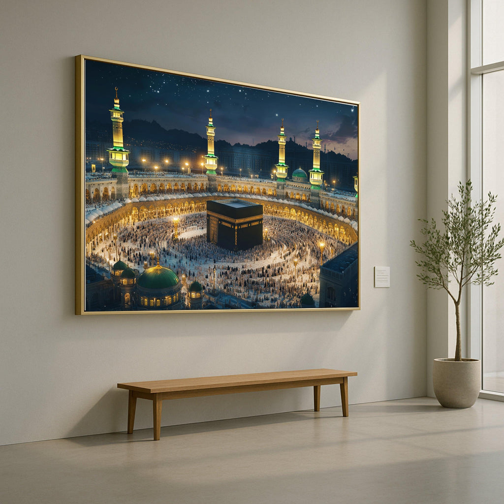 Illuminated Kaaba Night Scene, Mecca Mosque Canvas Wall Art, Islamic Sacred Site, Pilgrimage Spiritual Canvas, Religious Home Decoration