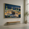 Illuminated Kaaba Night Scene, Mecca Mosque Canvas Wall Art, Islamic Sacred Site, Pilgrimage Spiritual Canvas, Religious Home Decoration