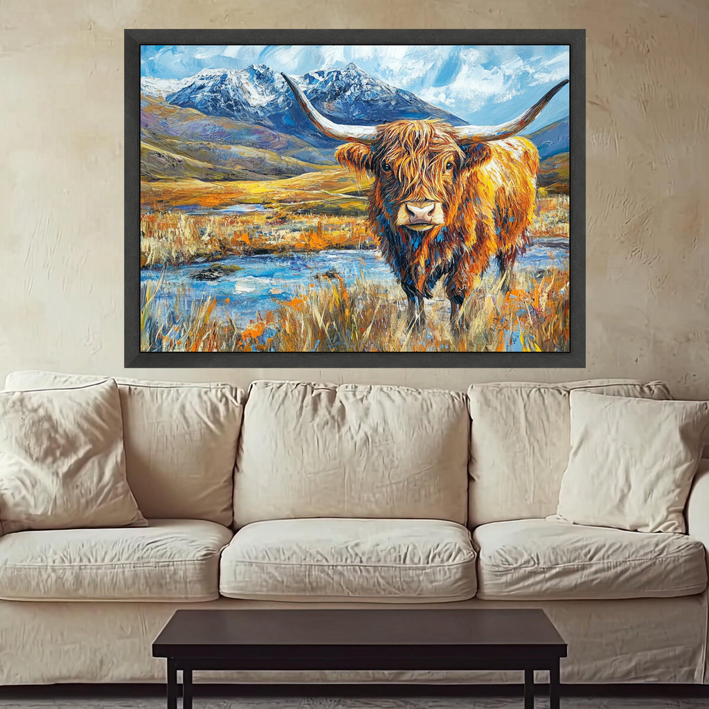 Highland Cattle Landscape Canvas, Rustic Animal Wall Art, Mountain Scene Painting, Colorful Farmhouse Decor, Nature Canvas Print