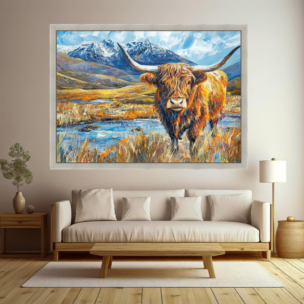 Highland Cattle Landscape Canvas, Rustic Animal Wall Art, Mountain Scene Painting, Colorful Farmhouse Decor, Nature Canvas Print