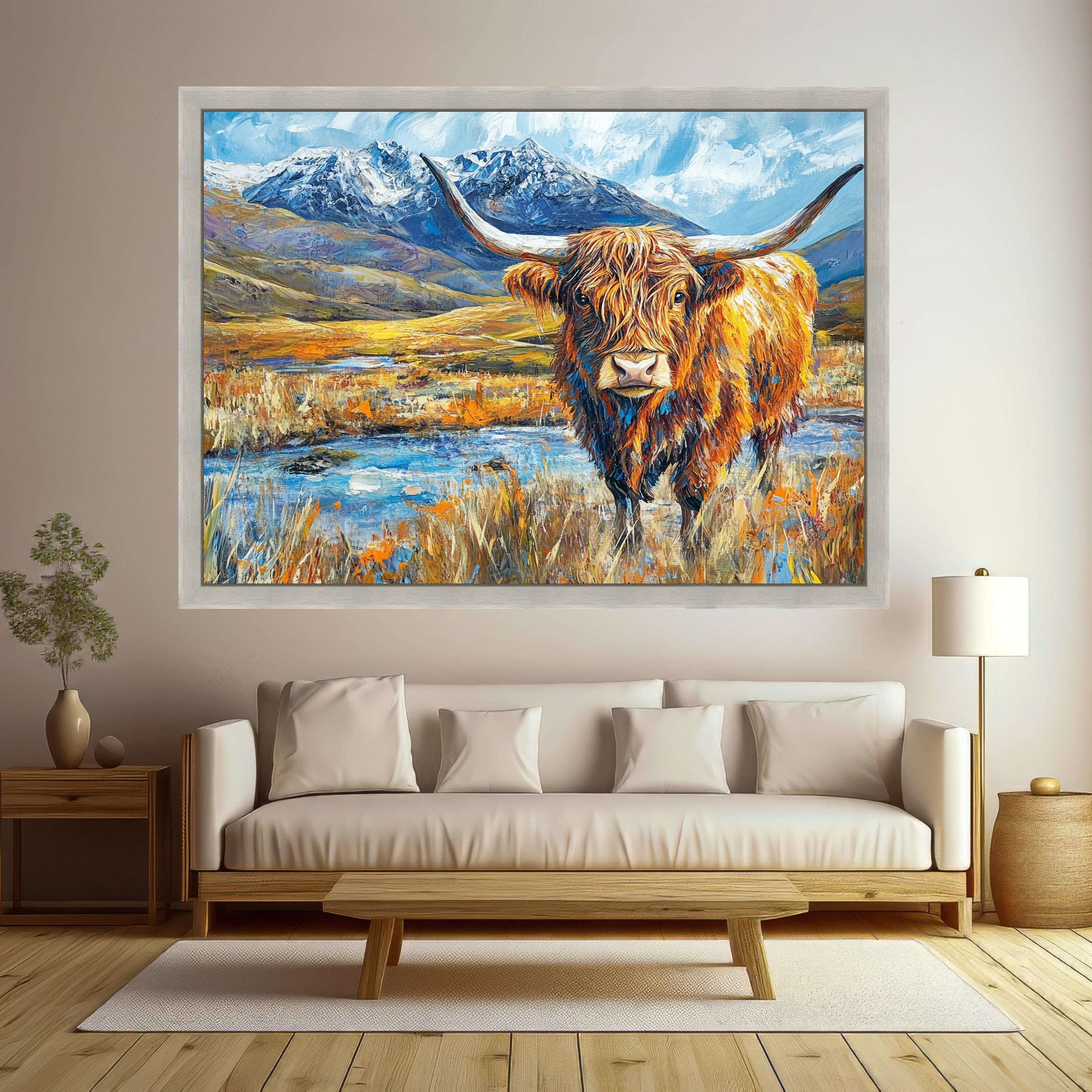 Highland Cattle Landscape Canvas, Rustic Animal Wall Art, Mountain Scene Painting, Colorful Farmhouse Decor, Nature Canvas Print