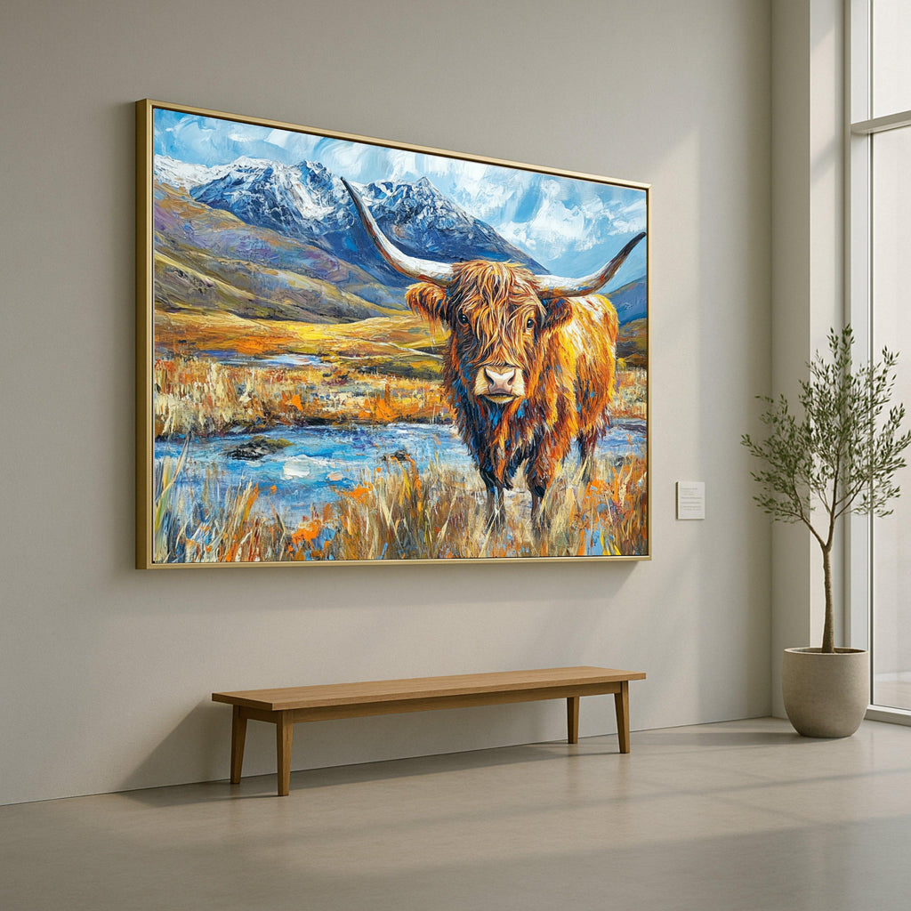 Highland Cattle Landscape Canvas, Rustic Animal Wall Art, Mountain Scene Painting, Colorful Farmhouse Decor, Nature Canvas Print