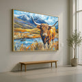 Highland Cattle Landscape Canvas, Rustic Animal Wall Art, Mountain Scene Painting, Colorful Farmhouse Decor, Nature Canvas Print