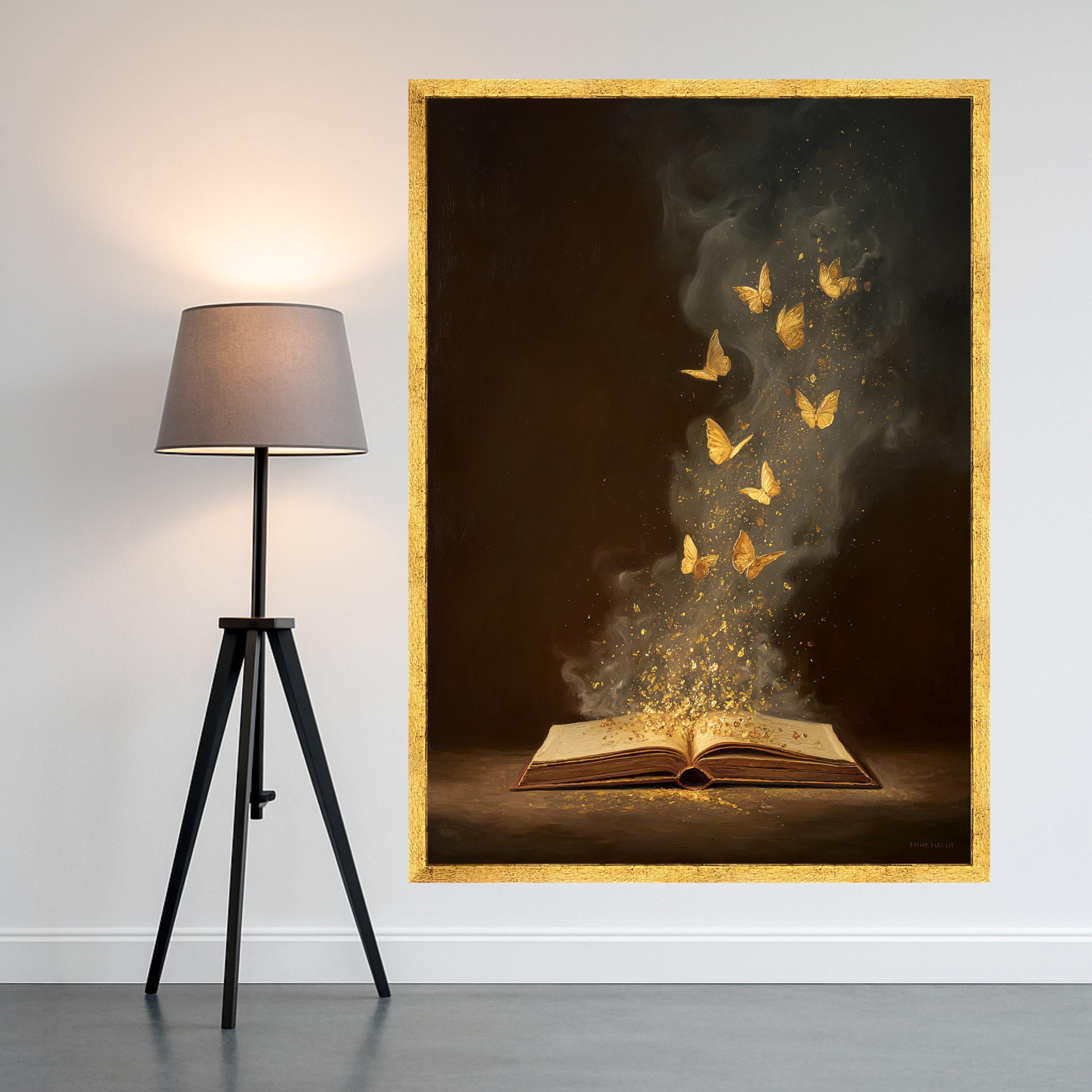 Magical Book with Golden Butterflies Canvas, Fantasy Wall Art, Inspirational Reading Decor, Literary Art Print, Dreamy Home Decoration