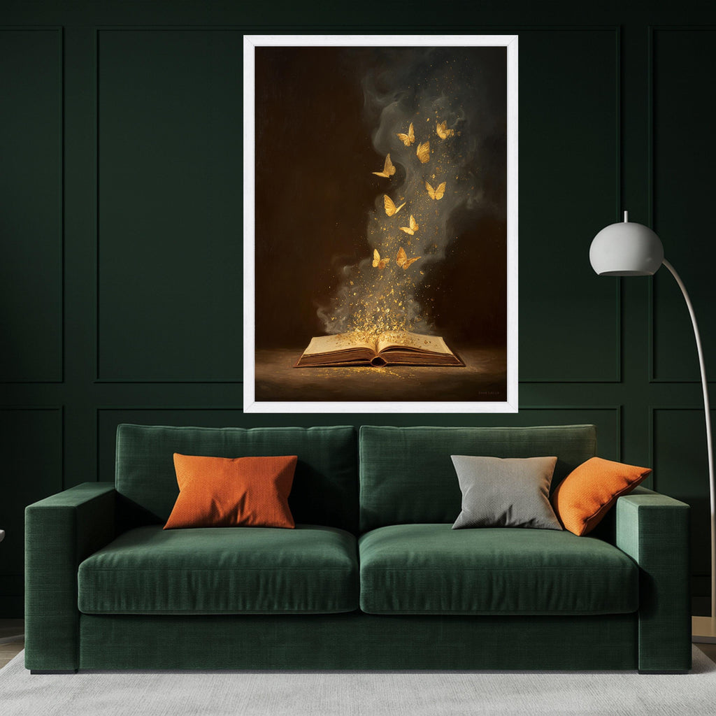 Magical Book with Golden Butterflies Canvas, Fantasy Wall Art, Inspirational Reading Decor, Literary Art Print, Dreamy Home Decoration