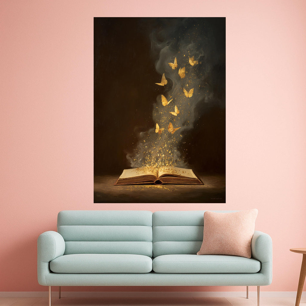 Magical Book with Golden Butterflies Canvas, Fantasy Wall Art, Inspirational Reading Decor, Literary Art Print, Dreamy Home Decoration
