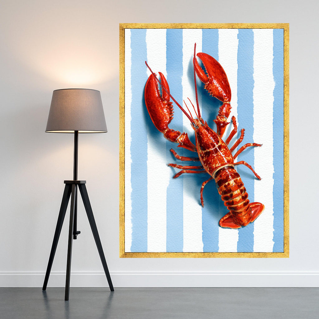Vibrant Lobster Illustration Canvas, Coastal Nautical Wall Art, Seafood Kitchen Decor, Blue Striped Background Canvas, Summer Beach Theme