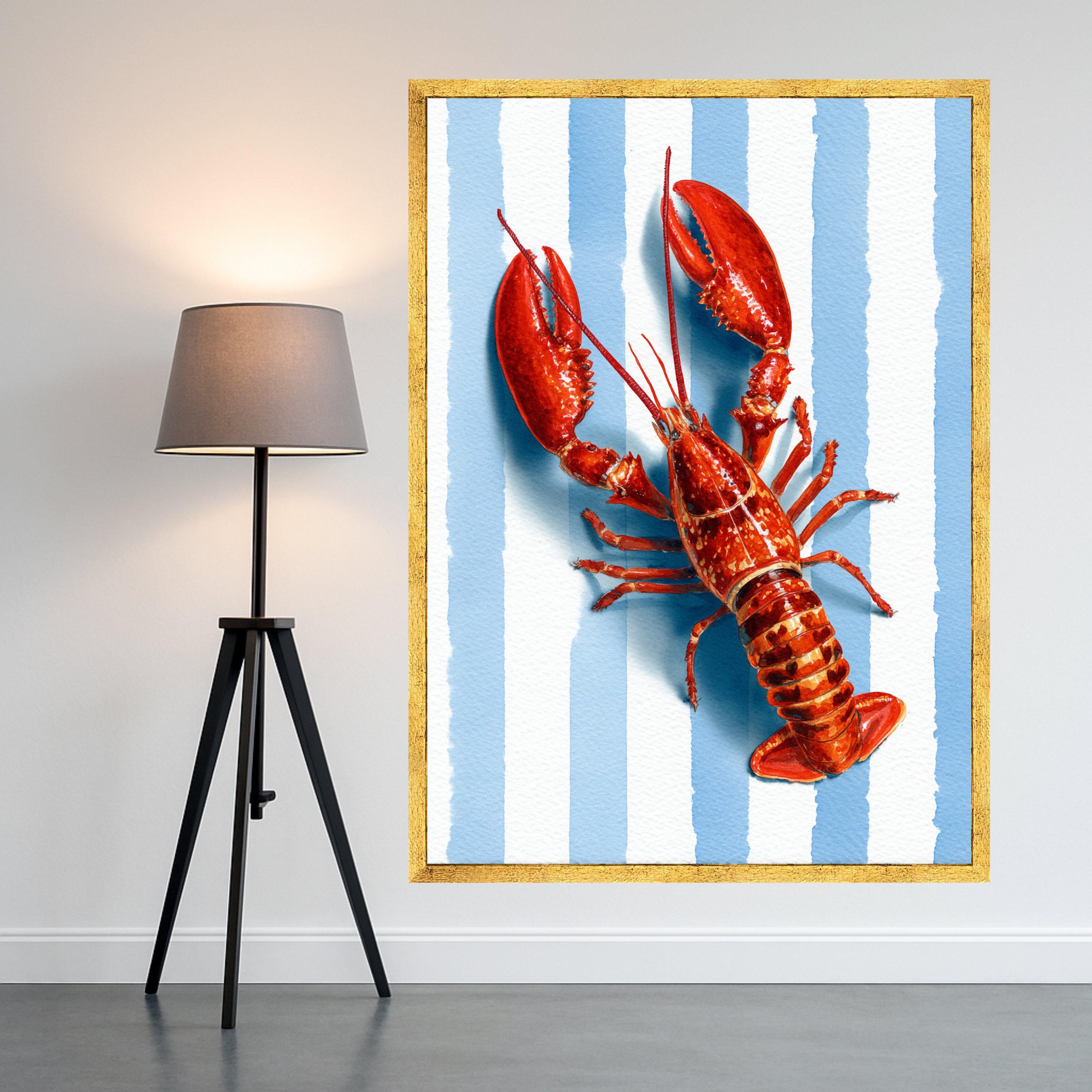 Vibrant Lobster Illustration Canvas, Coastal Nautical Wall Art, Seafood Kitchen Decor, Blue Striped Background Canvas, Summer Beach Theme