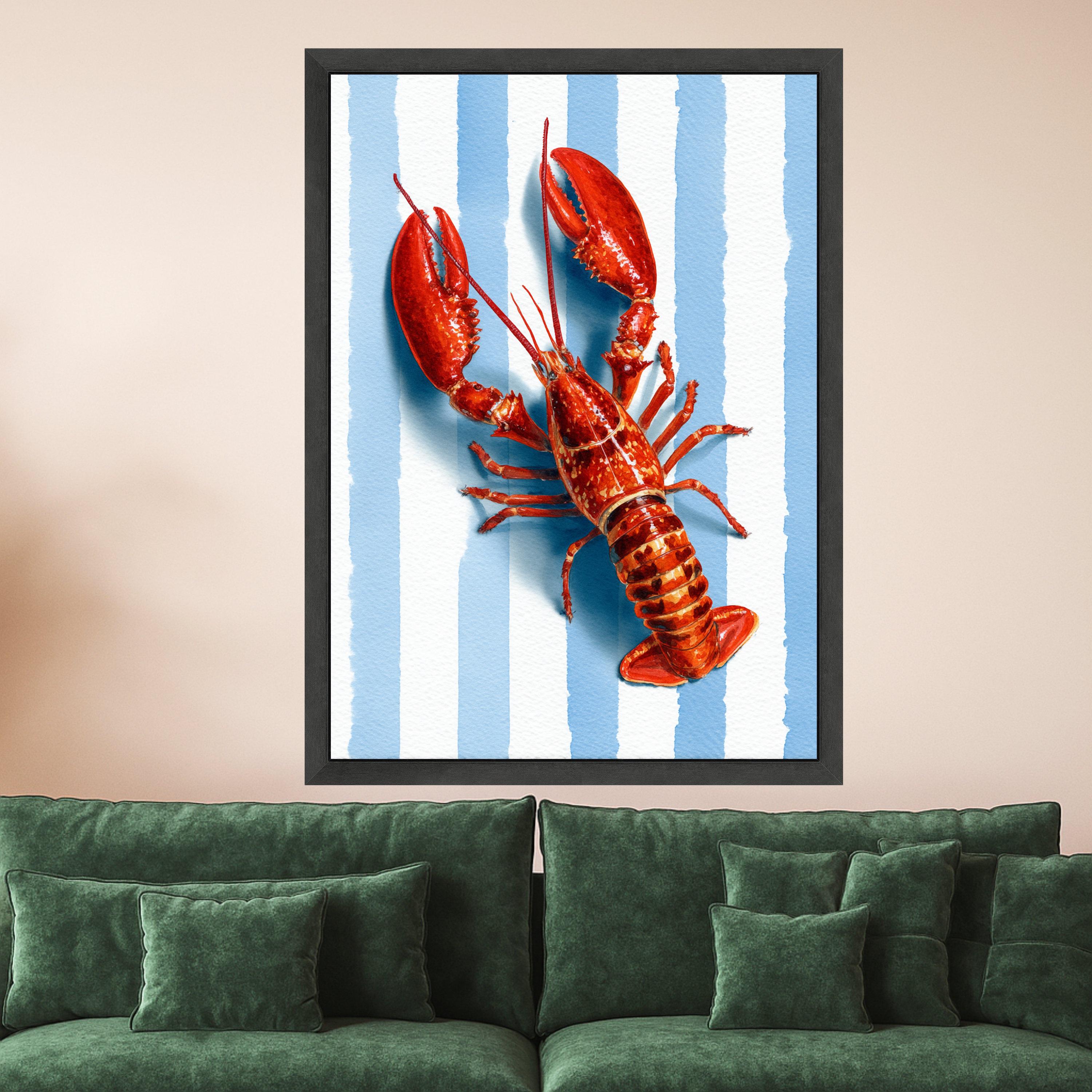 Vibrant Lobster Illustration Canvas, Coastal Nautical Wall Art, Seafood Kitchen Decor, Blue Striped Background Canvas, Summer Beach Theme